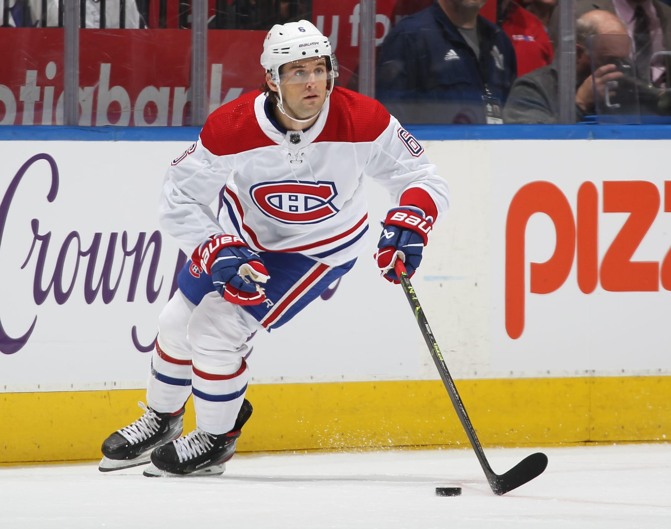 TORONTO, CANADA - APRIL 8:  Chris Wideman #6 of the Montreal Canadiens skates with the puck against the Toronto Maple Leafs during an NHL game at Scotiabank Arena on April 8, 2023 in Toronto, Ontario, Canada. The Maple Leafs defeated the Canadiens 7-1.(Photo by Claus Andersen/Getty Images)