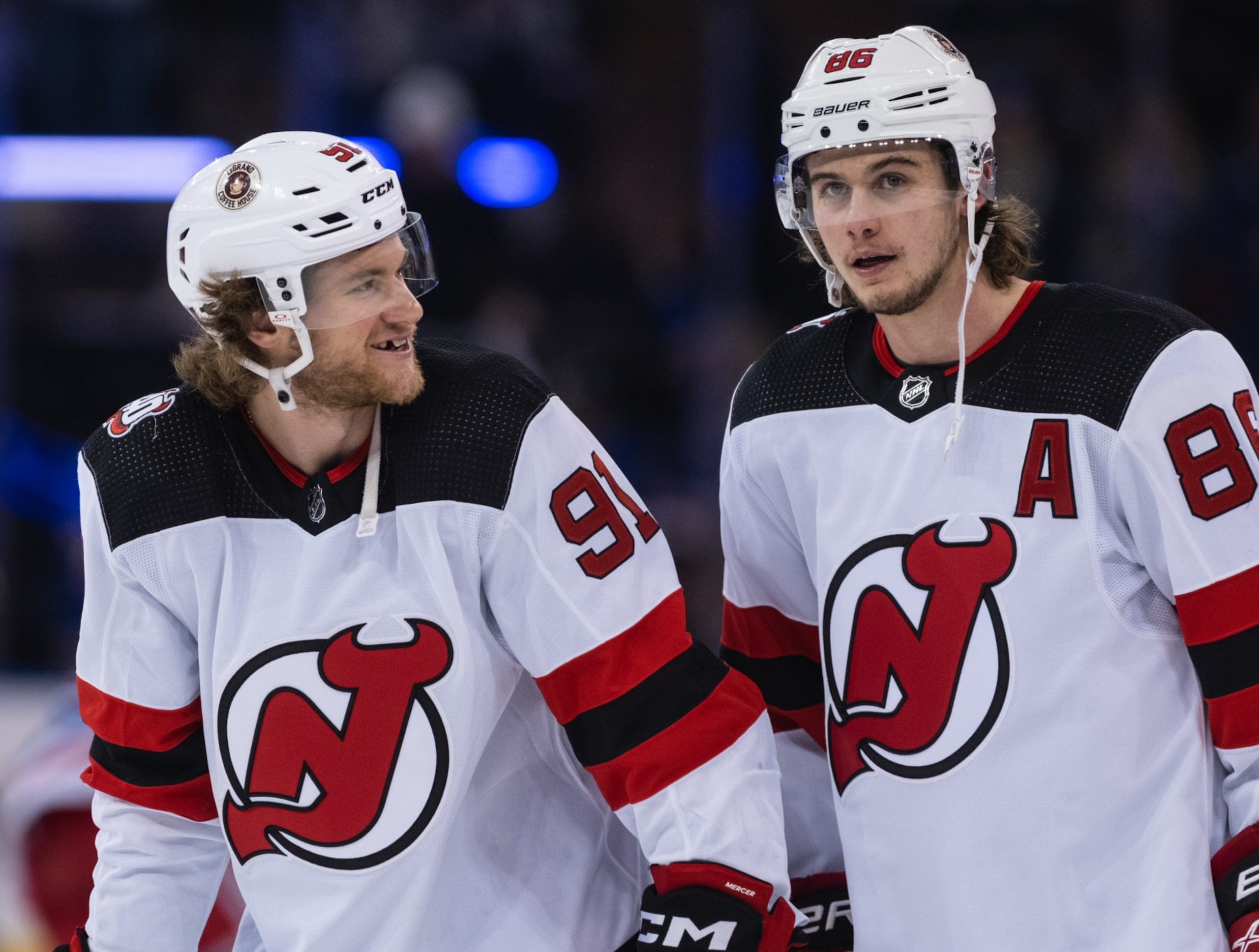 NEW YORK, NEW YORK - APRIL 29: Dawson Mercer #91 and Jack Hughes #86 of the New Jersey Devils skate during warmups prior to the game against the New York Rangers in Game Six of the First Round of the 2023 Stanley Cup Playoffs at Madison Square Garden on April 29, 2023 in New York, New York. (Photo by Michael Mooney/NHLI via Getty Images)