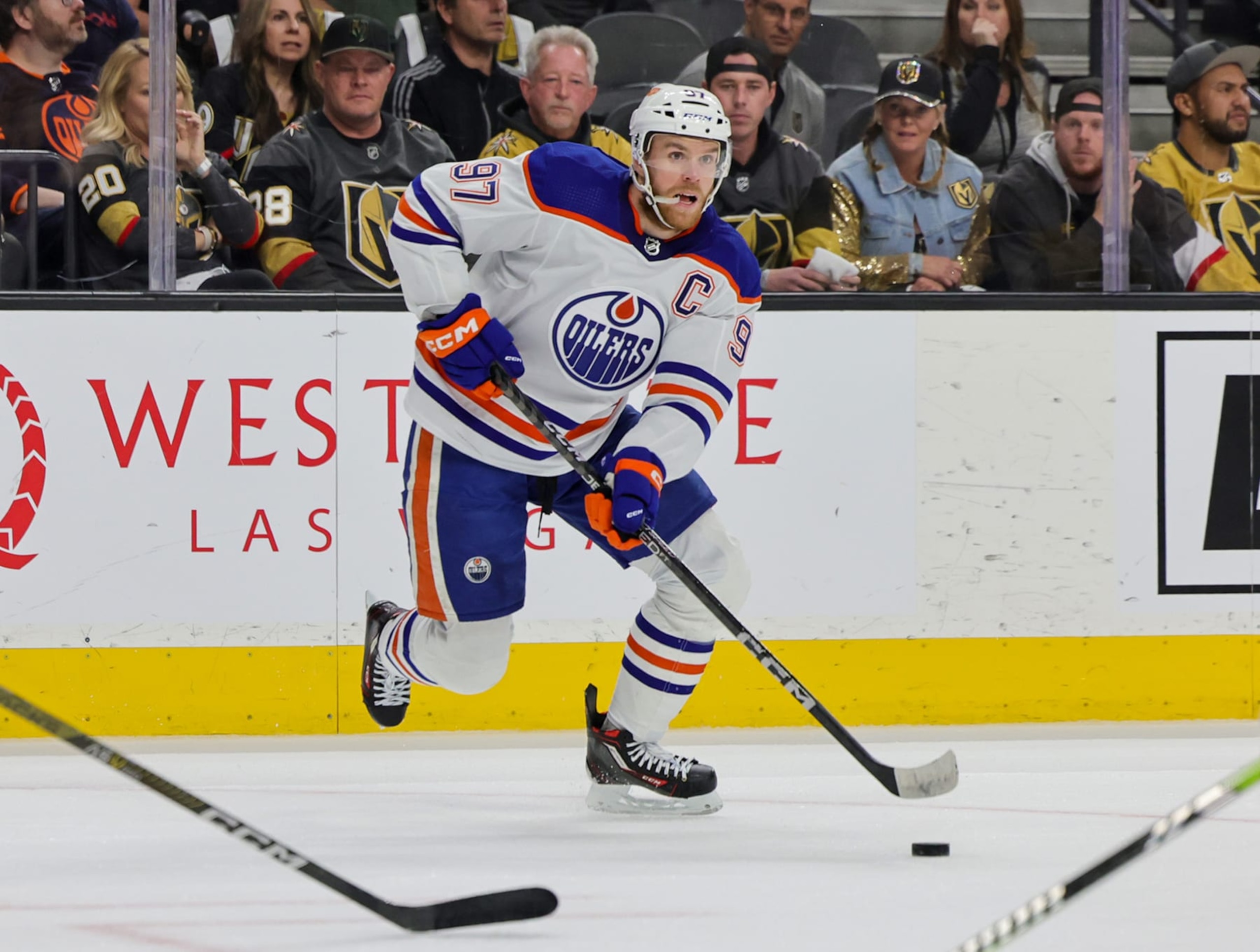 LAS VEGAS, NEVADA - MAY 12: Connor McDavid #97 of the Edmonton Oilers skates with the puck against the Vegas Golden Knights in the first period of Game Five of the Second Round of the 2023 Stanley Cup Playoffs at T-Mobile Arena on May 12, 2023 in Las Vegas, Nevada. The Golden Knights defeated the Oilers 4-3. (Photo by Ethan Miller/Getty Images)