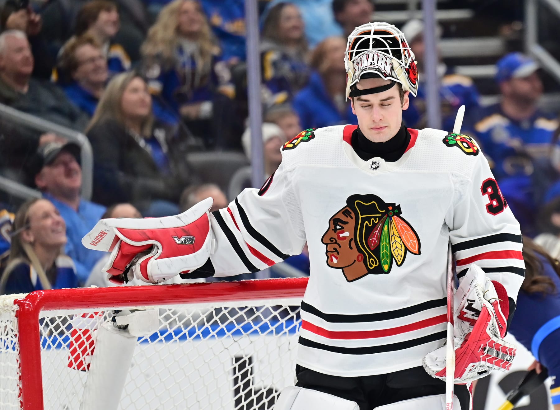 ST. LOUIS, MO - JANUARY 21: Blackhawks goaltender Jaxson Stauber 930) as seen during a time out during a NHL game between the Chicago Blackhawks and the St. Louis Blues on January 21, 2023, at Enterprise Center in St. Louis, MO (Photo by Keith Gillett/Icon Sportswire via Getty Images)