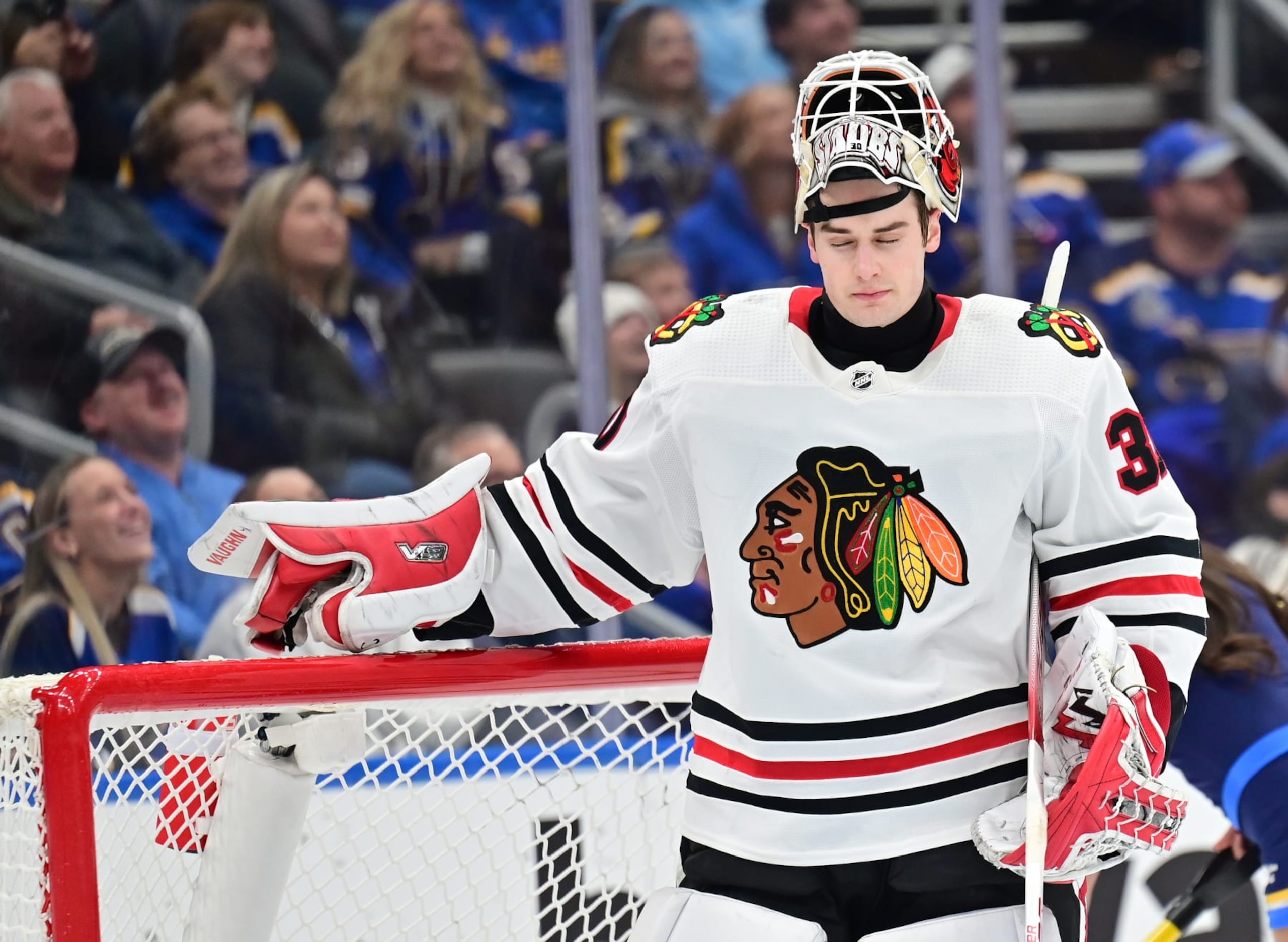 ST. LOUIS, MO - JANUARY 21: Blackhawks goaltender Jaxson Stauber 930) as seen during a time out during a NHL game between the Chicago Blackhawks and the St. Louis Blues on January 21, 2023, at Enterprise Center in St. Louis, MO (Photo by Keith Gillett/Icon Sportswire via Getty Images)