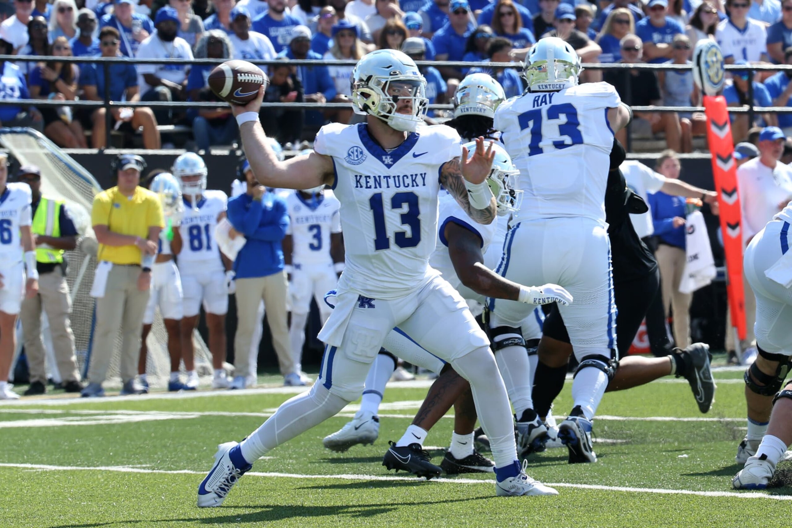 NASHVILLE, TN - SEPTEMBER 23: Kentucky Wildcats quarterback Devin Leary (13) makes a pass during a game between the Vanderbilt Commodores and Kentucky Wildcats, September 23, 2023 at FirstBank Stadium in Nashville, Tennessee. (Photo by Matthew Maxey/Icon Sportswire via Getty Images)