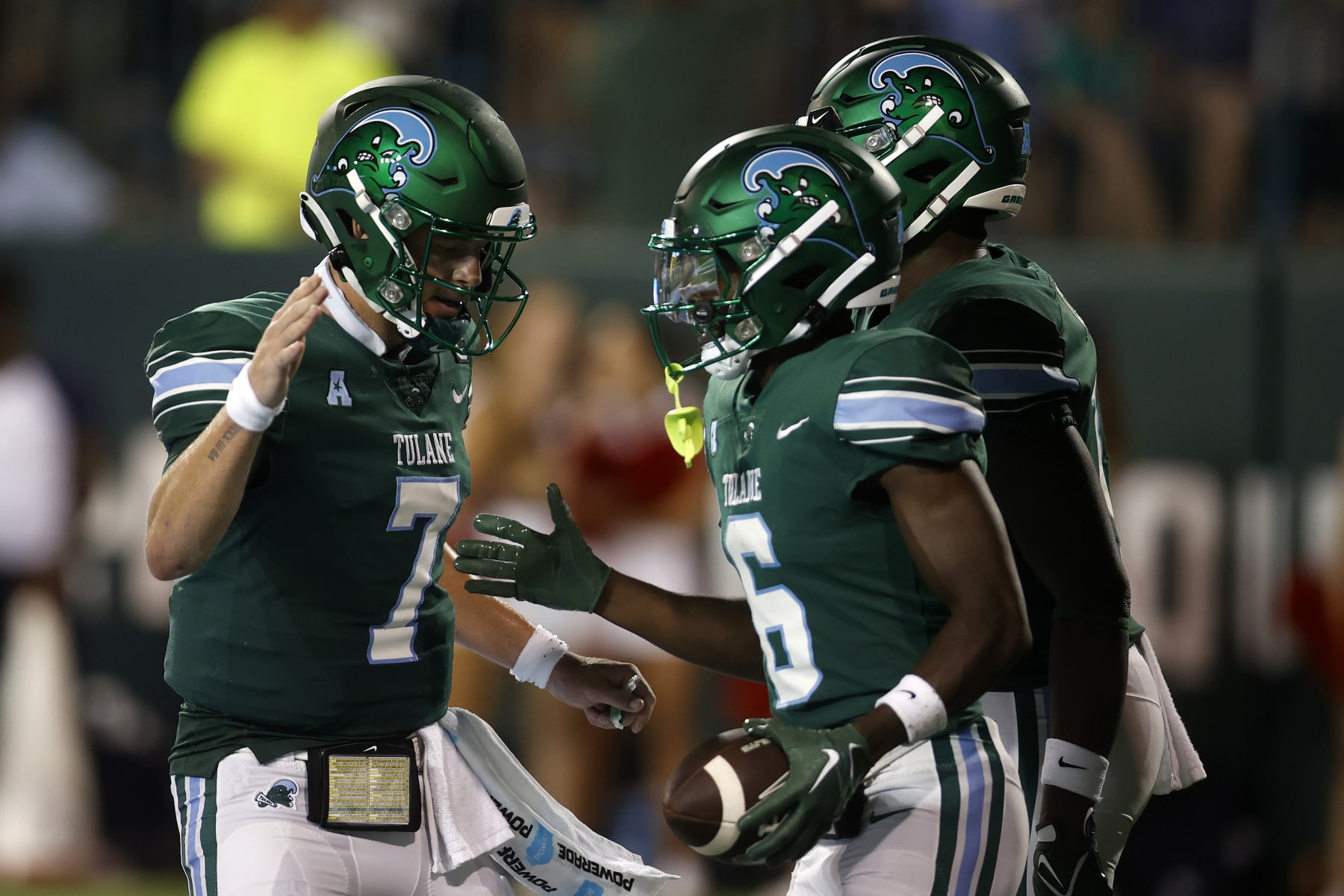 NEW ORLEANS, LOUISIANA - SEPTEMBER 02: Michael Pratt #7 of the Tulane Green Wave reacts after a touchdown against against the University of Southern Alabama at Yulman Stadium on September 02, 2023 in New Orleans, Louisiana. (Photo by Chris Graythen/Getty Images)