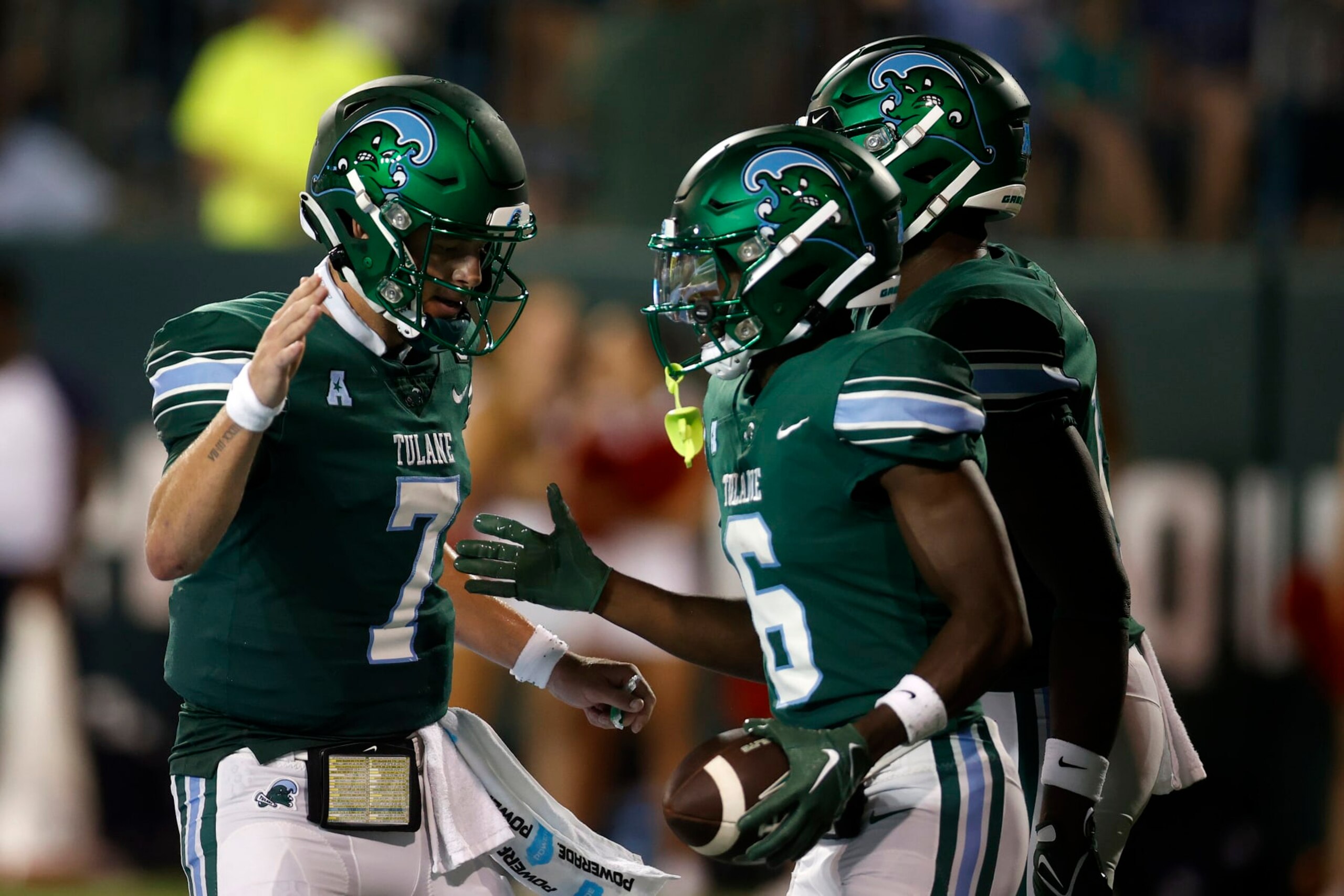 NEW ORLEANS, LOUISIANA - SEPTEMBER 02: Michael Pratt #7 of the Tulane Green Wave reacts after a touchdown against against the University of Southern Alabama at Yulman Stadium on September 02, 2023 in New Orleans, Louisiana. (Photo by Chris Graythen/Getty Images)