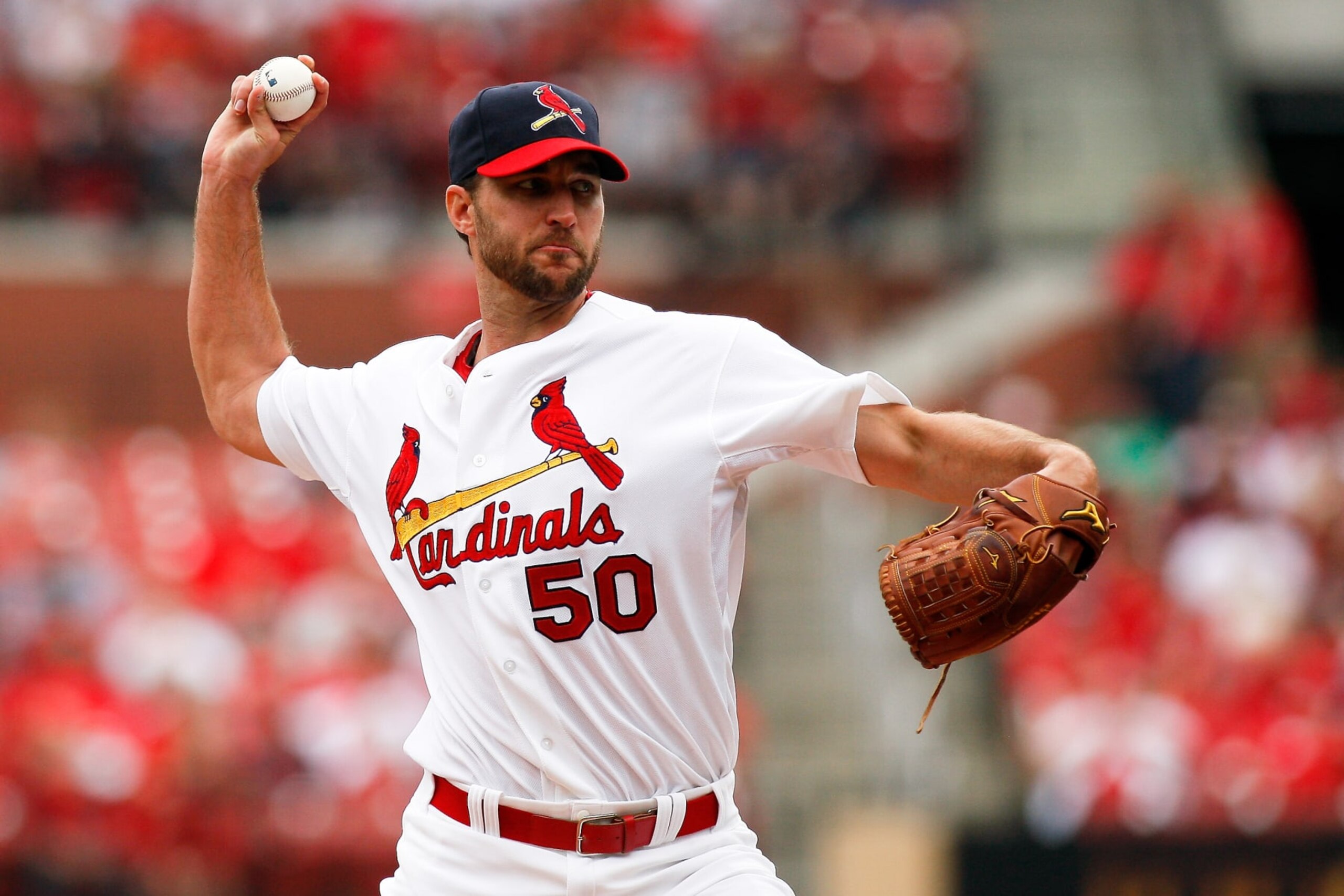 27 April 2013: St. Louis Cardinals starting pitcher Adam Wainwright (50) throws against the Pittsburgh Pirates at Busch Stadium in St. Louis Missouri. Cardinals won 7-0. (Photo by Scott Kane/Icon SMI/Corbis/Icon Sportswire via Getty Images)