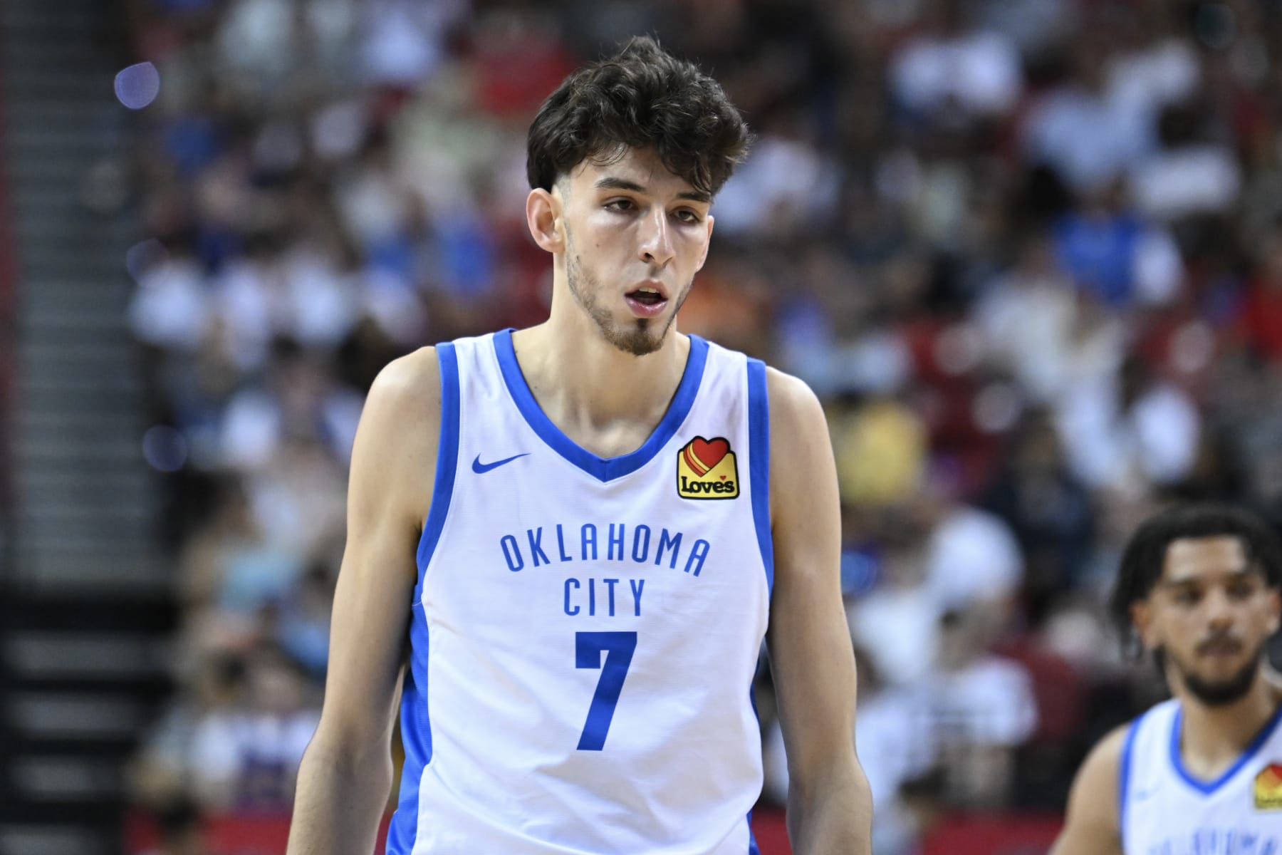 LAS VEGAS, NEVADA - JULY 08: Chet Holmgren #7 of the Oklahoma City Thunder looks on against the Dallas Mavericks during the third quarter at the Thomas & Mack Center on July 08, 2023 in Las Vegas, Nevada. NOTE TO USER: User expressly acknowledges and agrees that, by downloading and or using this photograph, User is consenting to the terms and conditions of the Getty Images License Agreement. (Photo by Candice Ward/Getty Images)