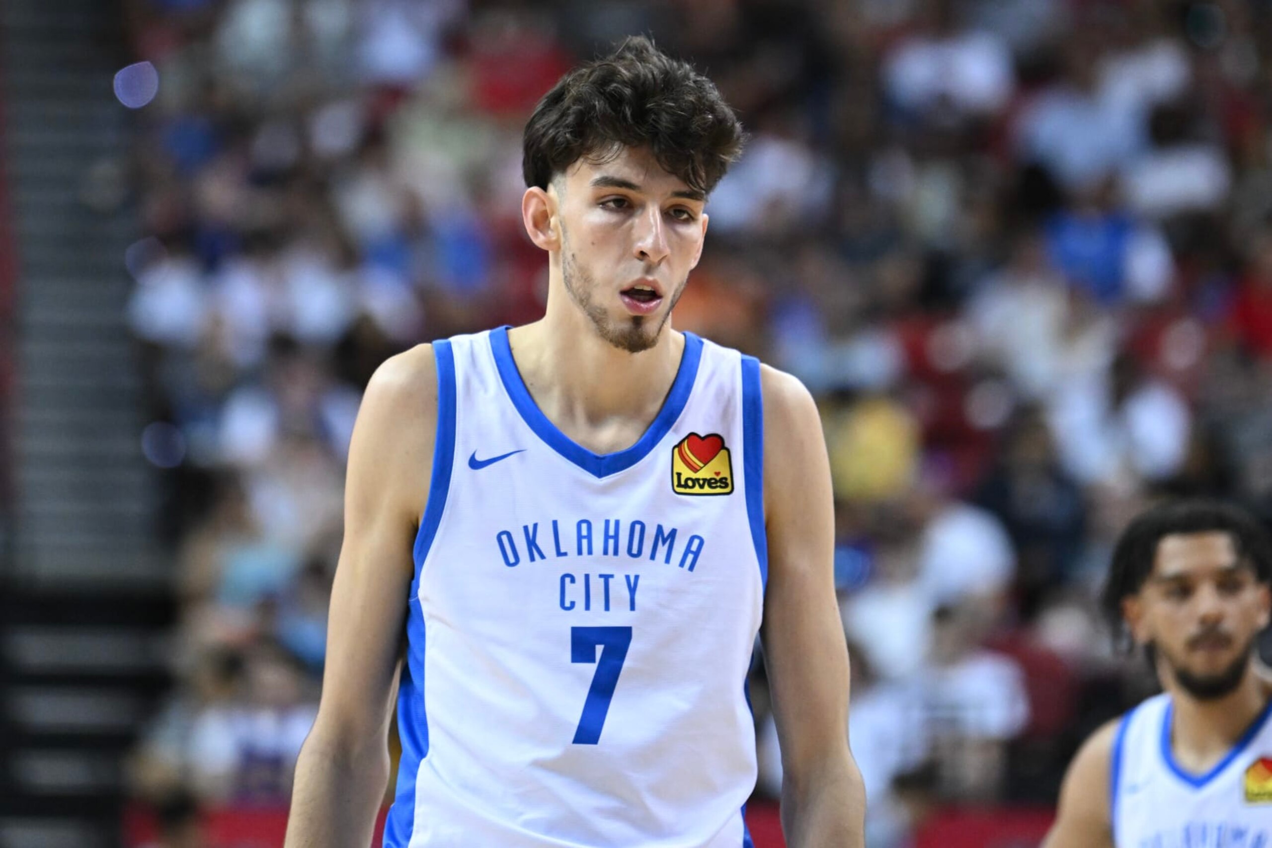 LAS VEGAS, NEVADA - JULY 08: Chet Holmgren #7 of the Oklahoma City Thunder looks on against the Dallas Mavericks during the third quarter at the Thomas & Mack Center on July 08, 2023 in Las Vegas, Nevada. NOTE TO USER: User expressly acknowledges and agrees that, by downloading and or using this photograph, User is consenting to the terms and conditions of the Getty Images License Agreement. (Photo by Candice Ward/Getty Images)
