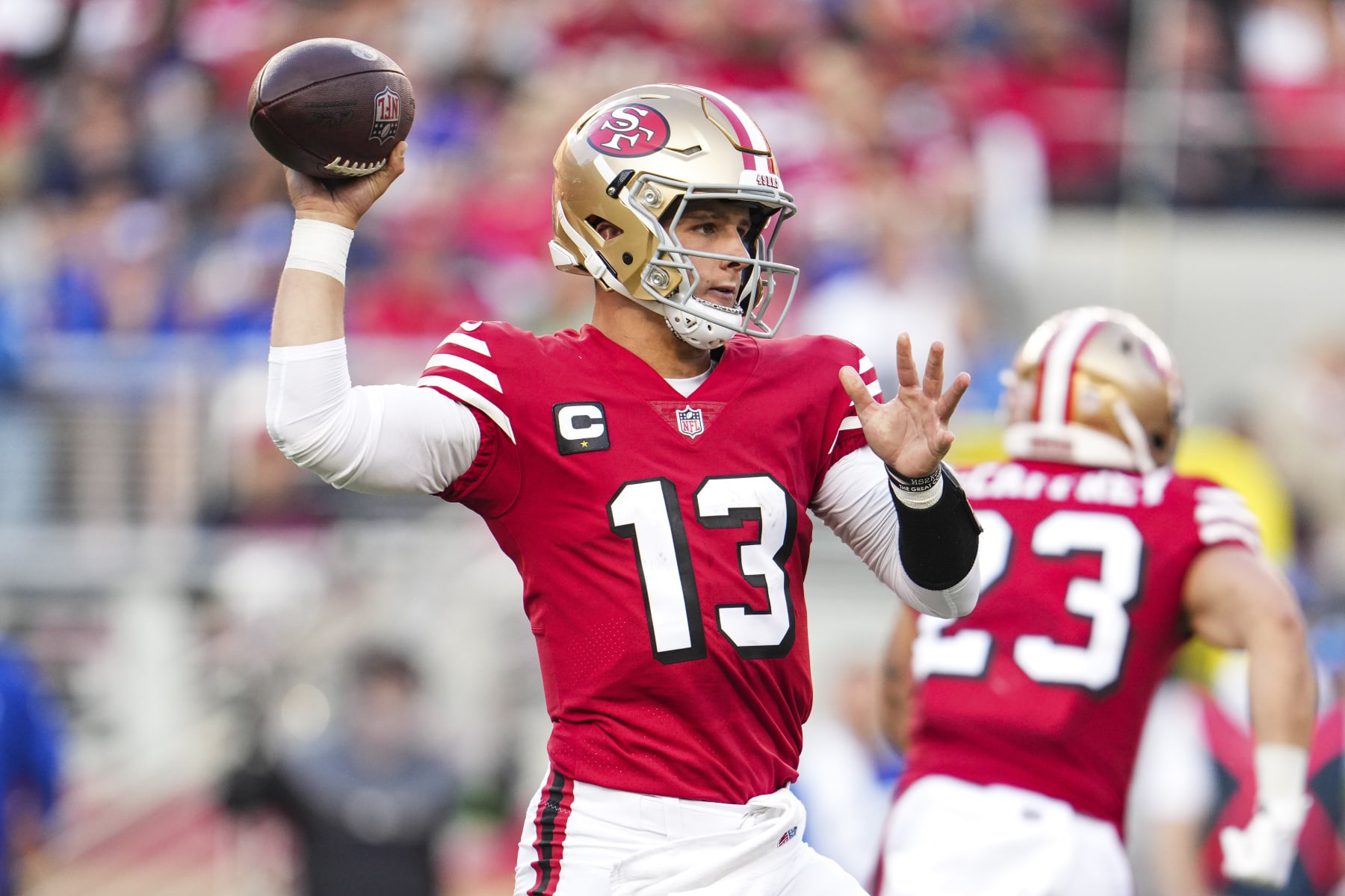 SANTA CLARA, CA - SEPTEMBER 21: Brock Purdy #13 of the San Francisco 49ers throws the ball at Levi's Stadium on September 21, 2023 in Santa Clara, California. (Photo by Cooper Neill/Getty Images)