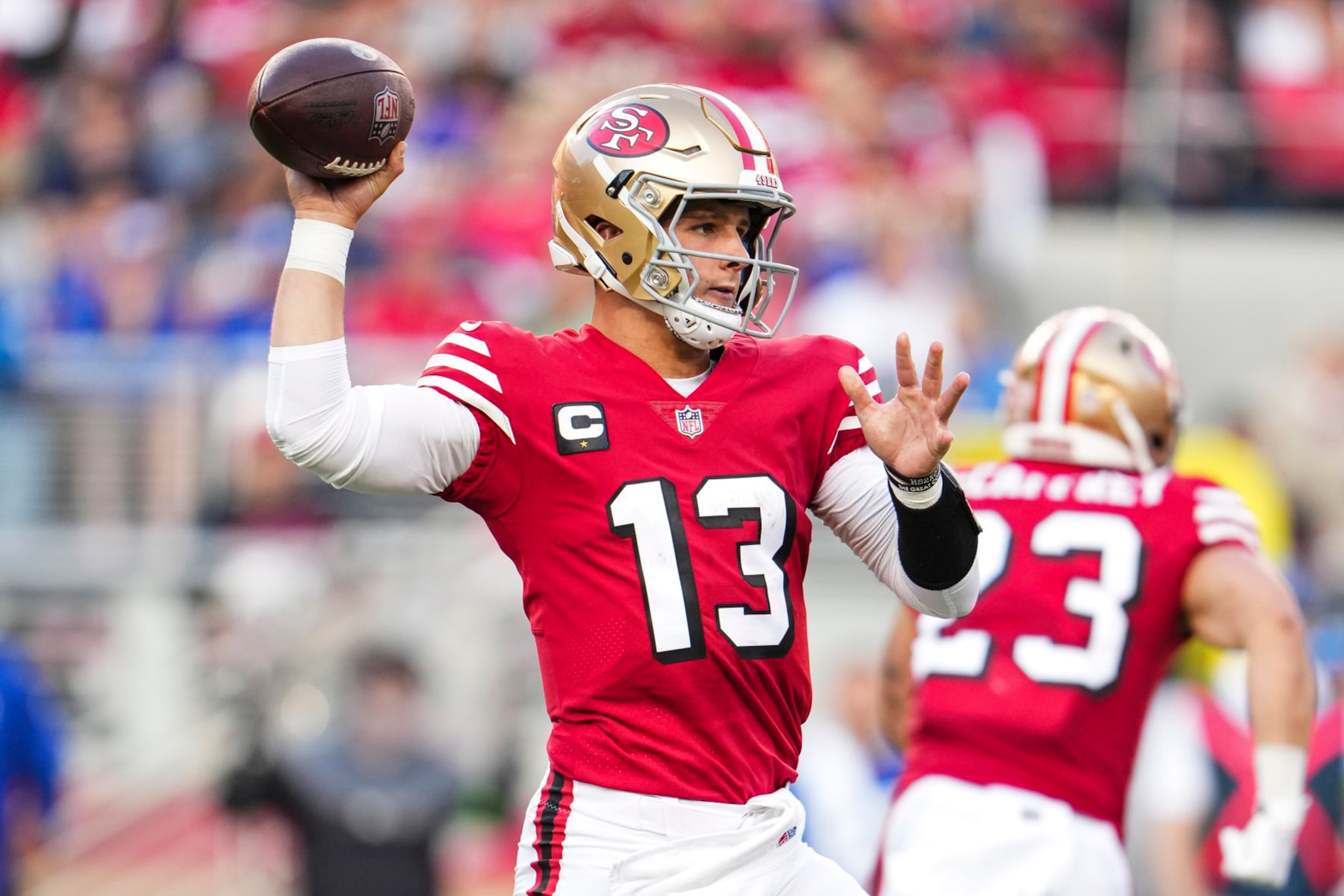 SANTA CLARA, CA - SEPTEMBER 21: Brock Purdy #13 of the San Francisco 49ers throws the ball at Levi's Stadium on September 21, 2023 in Santa Clara, California. (Photo by Cooper Neill/Getty Images)