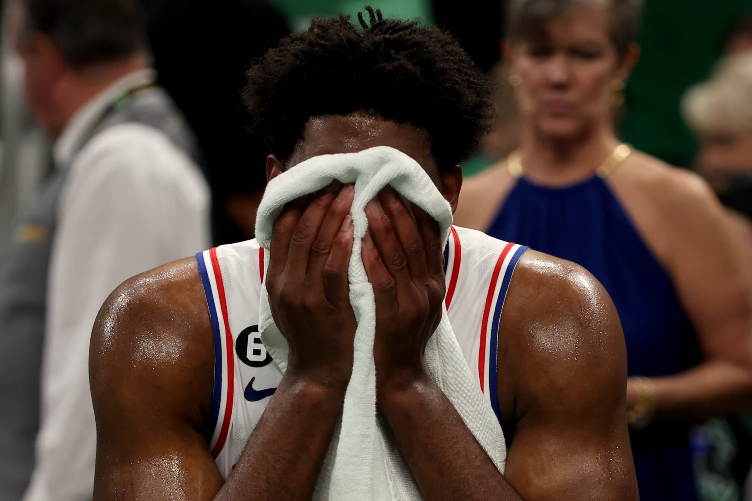 BOSTON, MASSACHUSETTS - MAY 14: Joel Embiid #21 of the Philadelphia 76ers reacts on the bench against the Boston Celtics  during the third quarter in game seven of the 2023 NBA Playoffs Eastern Conference Semifinals at TD Garden on May 14, 2023 in Boston, Massachusetts. NOTE TO USER: User expressly acknowledges and agrees that, by downloading and or using this photograph, User is consenting to the terms and conditions of the Getty Images License Agreement. (Photo by Adam Glanzman/Getty Images)