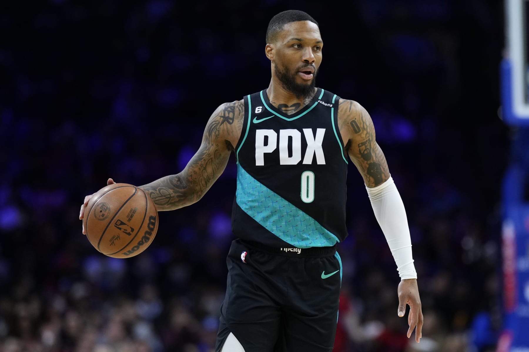 Portland Trail Blazers' Damian Lillard plays during an NBA basketball game, Friday, March 10, 2023, in Philadelphia. (AP Photo/Matt Slocum)