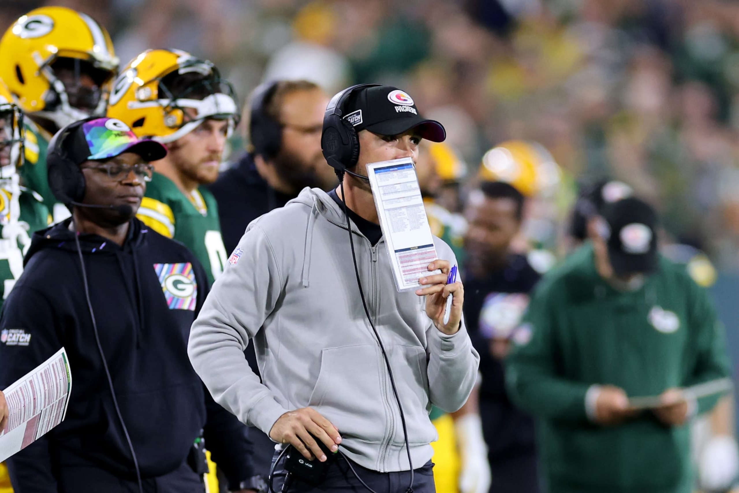 GREEN BAY, WISCONSIN - SEPTEMBER 28: Head coach Matt LaFleur of the Green Bay Packers looks on against the Detroit Lions during the third quarter in the game at Lambeau Field on September 28, 2023 in Green Bay, Wisconsin. (Photo by Stacy Revere/Getty Images)