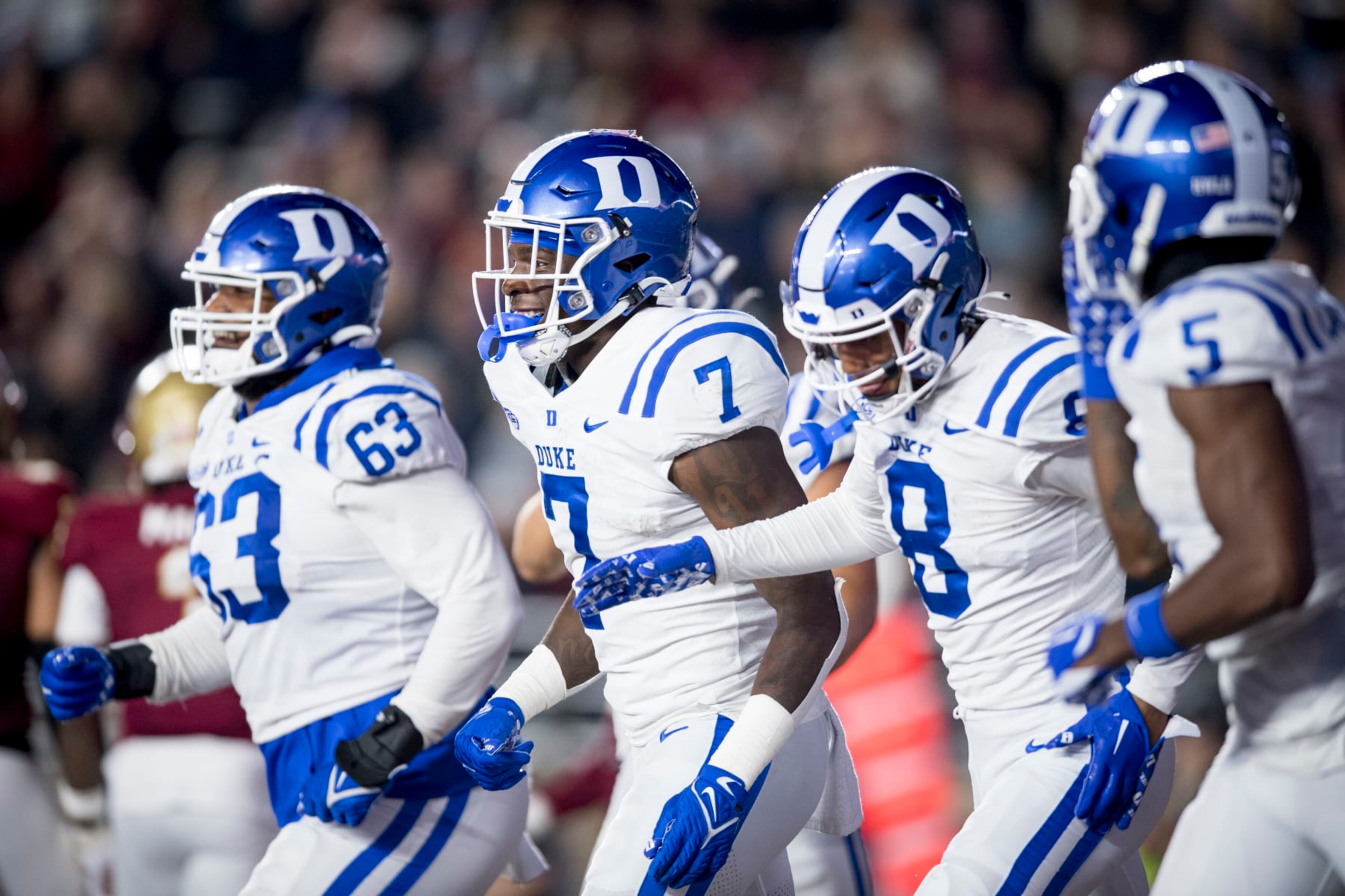 CHESTNUT HILL, MA - NOVEMBER 04: Jordan Waters #7 of the Duke Blue Devils reacts with teammates after scoring a touchdown during the first half of a game against the Boston College Eagles at Alumni Stadium on November 4, 2022 in Chestnut Hill, Massachusetts. (Photo by Maddie Malhotra/Getty Images) CHESTNUT HILL, MA - NOVEMBER 04: Jordan Waters #7 of the Duke Blue Devils reacts with teammates after scoring a touchdown during the first half of a game against the Boston College Eagles at Alumni Stadium on November 4, 2022 in Chestnut Hill, Massachusetts. (Photo by Maddie Malhotra/Getty Images)