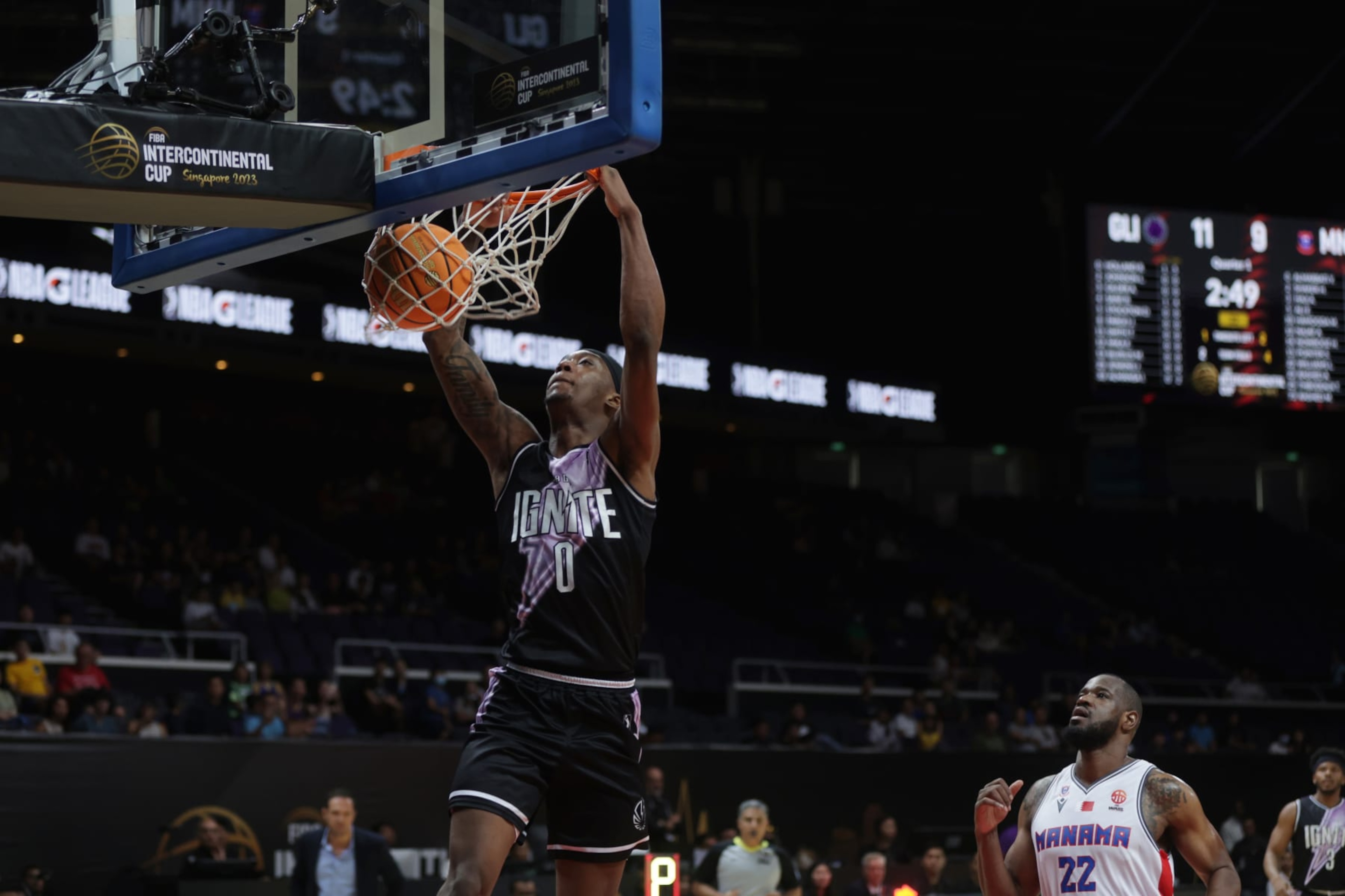 KALLANG, SINGAPORE - SEPTEMBER 24: Ron Holland #0 of G League Ignite dunks the ball during the game against Al Manama during the 2023 FIBA Intercontinental Cup on September 24, 2023 at Singapore Indoor Stadium in Kallang, Singapore. NOTE TO USER: User expressly acknowledges and agrees that, by downloading and or using this photograph, User is consenting to the terms and conditions of the Getty Images License Agreement. Mandatory Copyright Notice: Copyright 2023 NBAE (Photo by Ashok Kumar/NBAE via Getty Images)