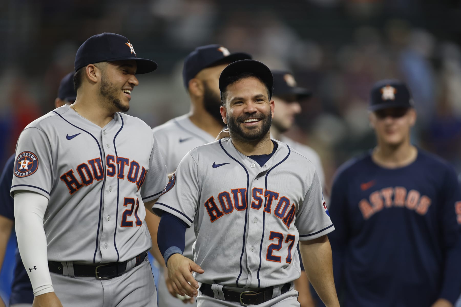 ARLINGTON, TX - SEPTEMBER 06: Jose Altuve #27 of the Houston Astros reacts after the team's win over the Texas Rangers during the game between the Houston Astros and the Texas Rangers at Globe Life Field on Wednesday, September 6, 2023 in Arlington, Texas. (Photo by Tim Heitman/MLB Photos via Getty Images)