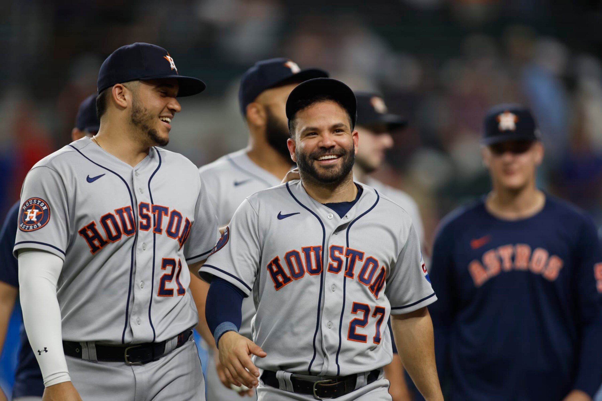 ARLINGTON, TX - SEPTEMBER 06: Jose Altuve #27 of the Houston Astros reacts after the team's win over the Texas Rangers during the game between the Houston Astros and the Texas Rangers at Globe Life Field on Wednesday, September 6, 2023 in Arlington, Texas. (Photo by Tim Heitman/MLB Photos via Getty Images)