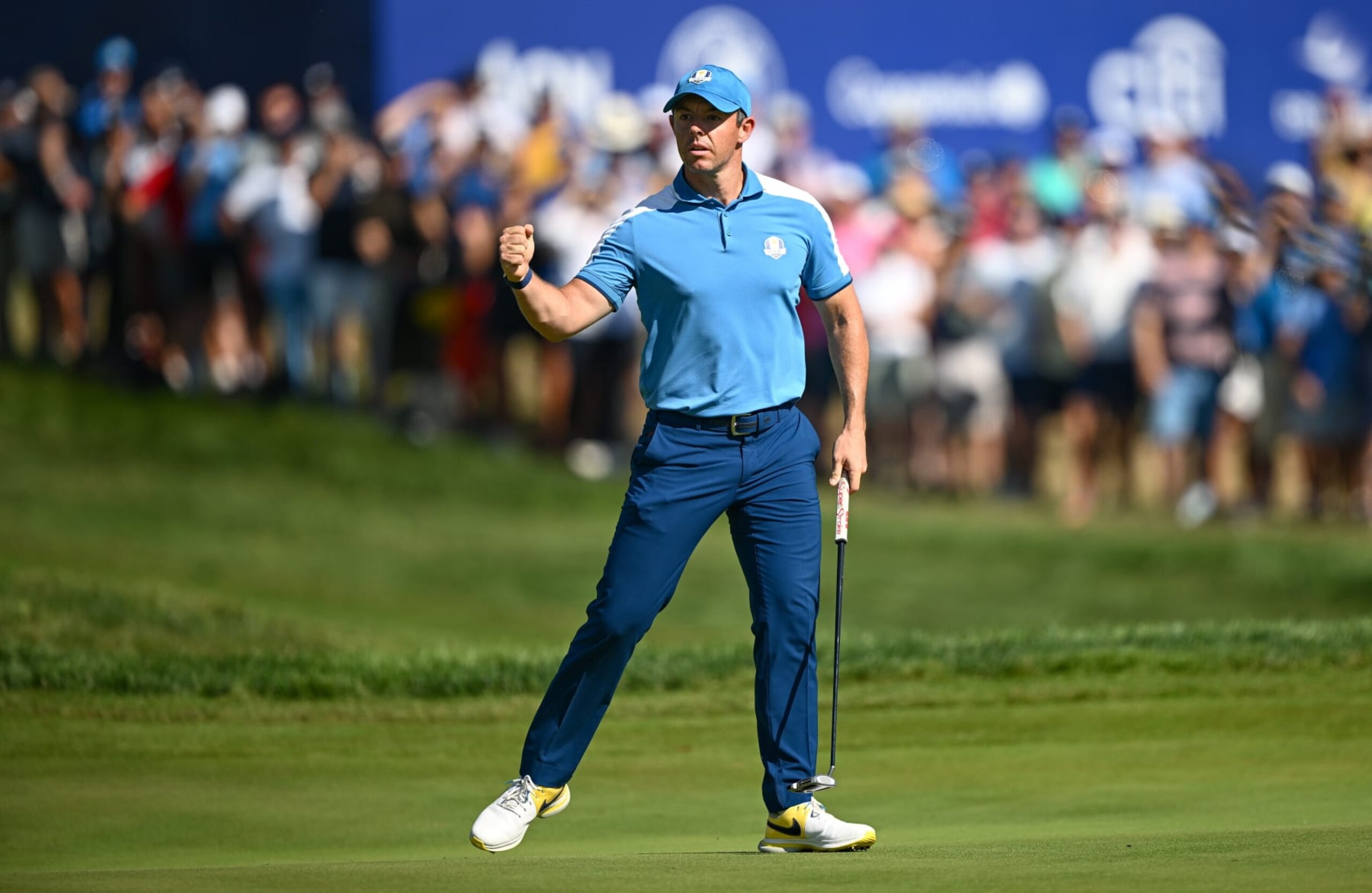 Rome , Italy - 29 September 2023; Rory McIlroy of Europe celebrates after putting on the sixth green to win the hole during the afternoon fourball matches on day one of the 2023 Ryder Cup at Marco Simone Golf and Country Club in Rome, Italy. (Photo By Ramsey Cardy/Sportsfile via Getty Images) Rome , Italy - 29 September 2023; Rory McIlroy of Europe celebrates after putting on the sixth green to win the hole during the afternoon fourball matches on day one of the 2023 Ryder Cup at Marco Simone Golf and Country Club in Rome, Italy. (Photo By Ramsey Cardy/Sportsfile via Getty Images)