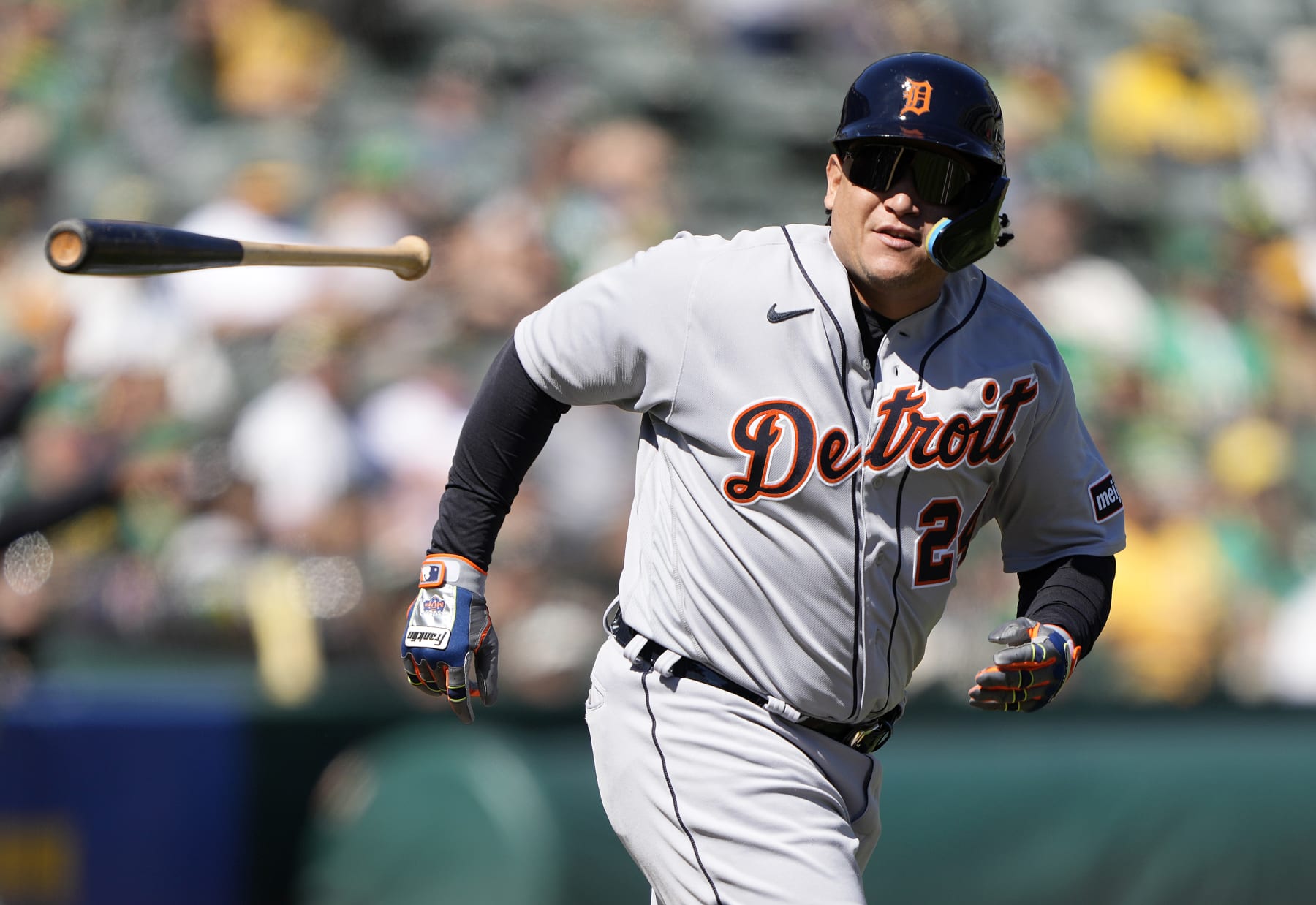 OAKLAND, CALIFORNIA - SEPTEMBER 24: Miguel Cabrera #24 of the Detroit Tigers tosses his bat away after drawing a walk against the Oakland Athletics in the top of the first inning at RingCentral Coliseum on September 24, 2023 in Oakland, California. (Photo by Thearon W. Henderson/Getty Images)