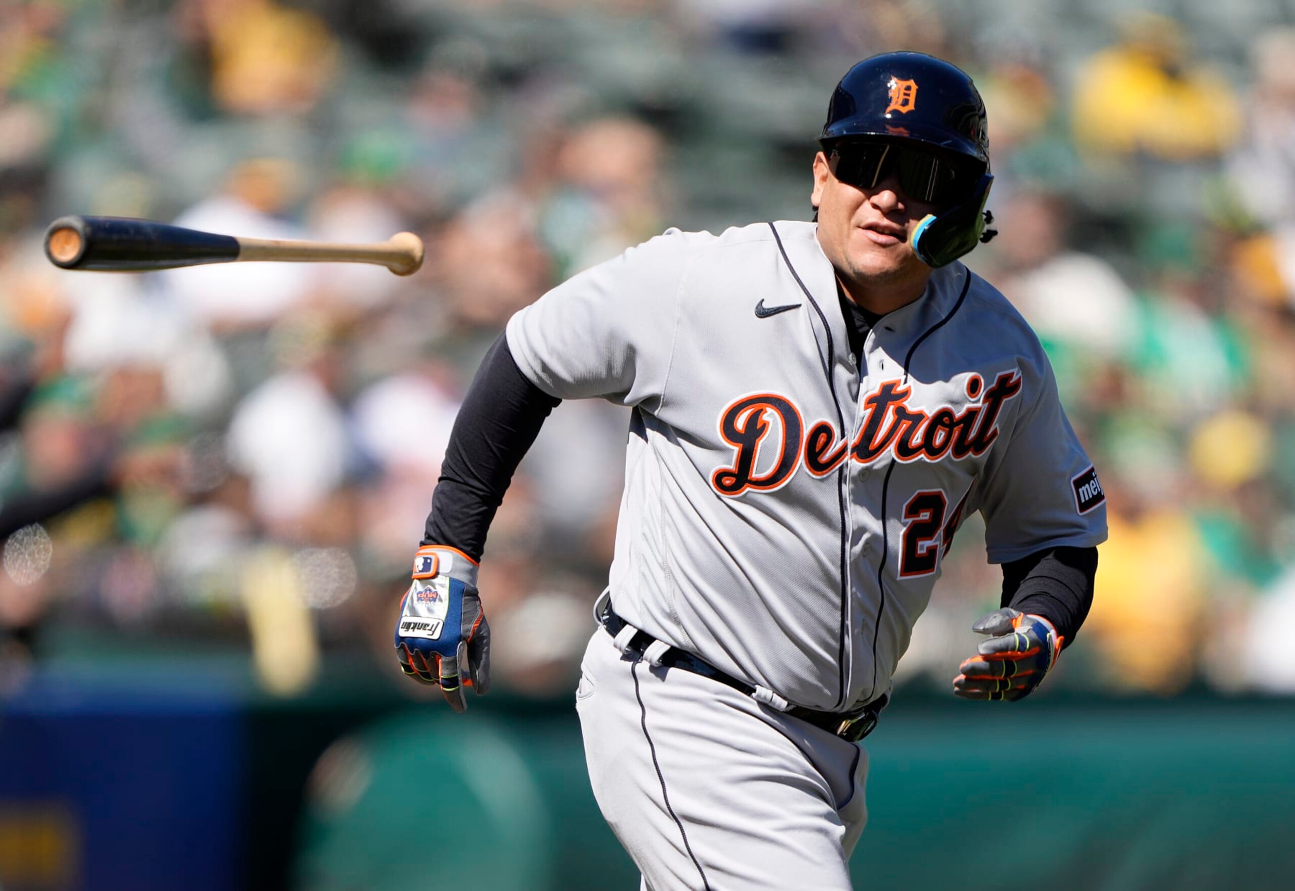 OAKLAND, CALIFORNIA - SEPTEMBER 24: Miguel Cabrera #24 of the Detroit Tigers tosses his bat away after drawing a walk against the Oakland Athletics in the top of the first inning at RingCentral Coliseum on September 24, 2023 in Oakland, California. (Photo by Thearon W. Henderson/Getty Images)