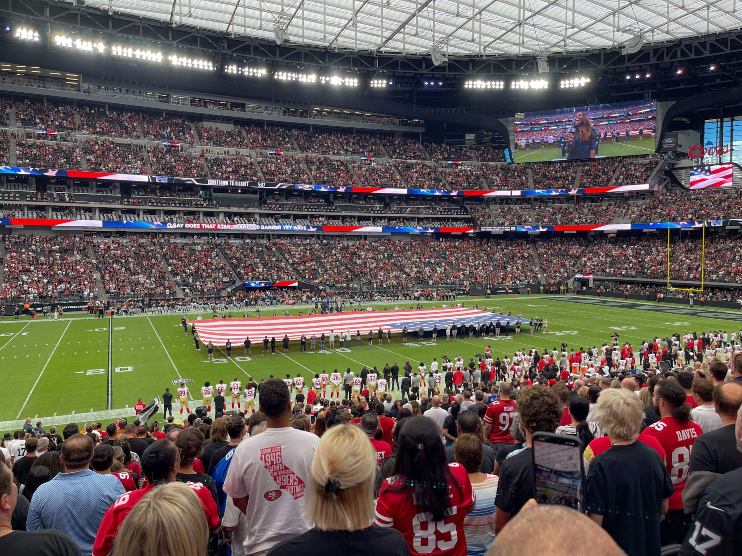 LAS VEGAS, NV - AUGUST 14:  A nearly sold-out crowd watch the Las Vegas Raider beat the San Francisco 49ers (34-7) in a perseason NFL game at Allegiant Stadium on August 14, 2023 in Las Vegas, Nevada. The city of Las Vegas will play host to the NFL's Super Bowl LVIII, taking place next year at the recently constructed Allegiant Stadium, home of the Las Vegas Raiders, on February 24, 2024. (Photo by George Rose/Getty Images)