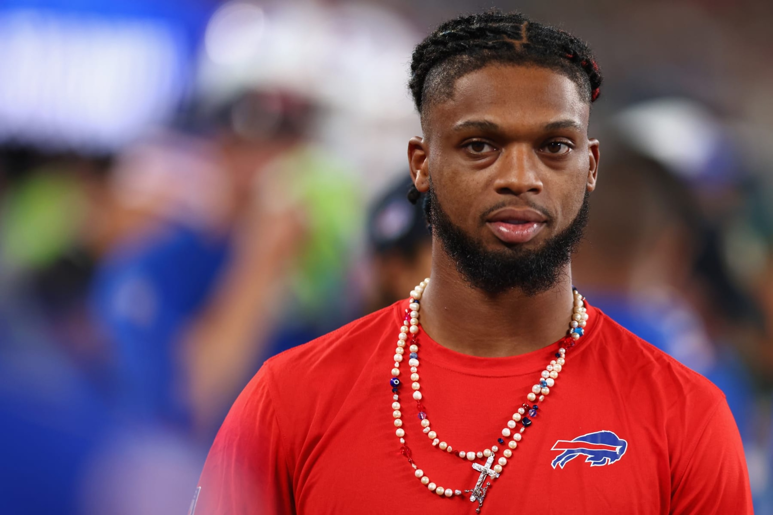 EAST RUTHERFORD, NEW JERSEY - SEPTEMBER 11: Safety Damar Hamlin #3 of the Buffalo Bills watches from the sidelines during the NFL game against the Buffalo Bills at MetLife Stadium on September 11, 2023 in East Rutherford, New Jersey. The Jets defeated the Bills 22-16 in overtime. (Photo by Mike Stobe/Getty Images)