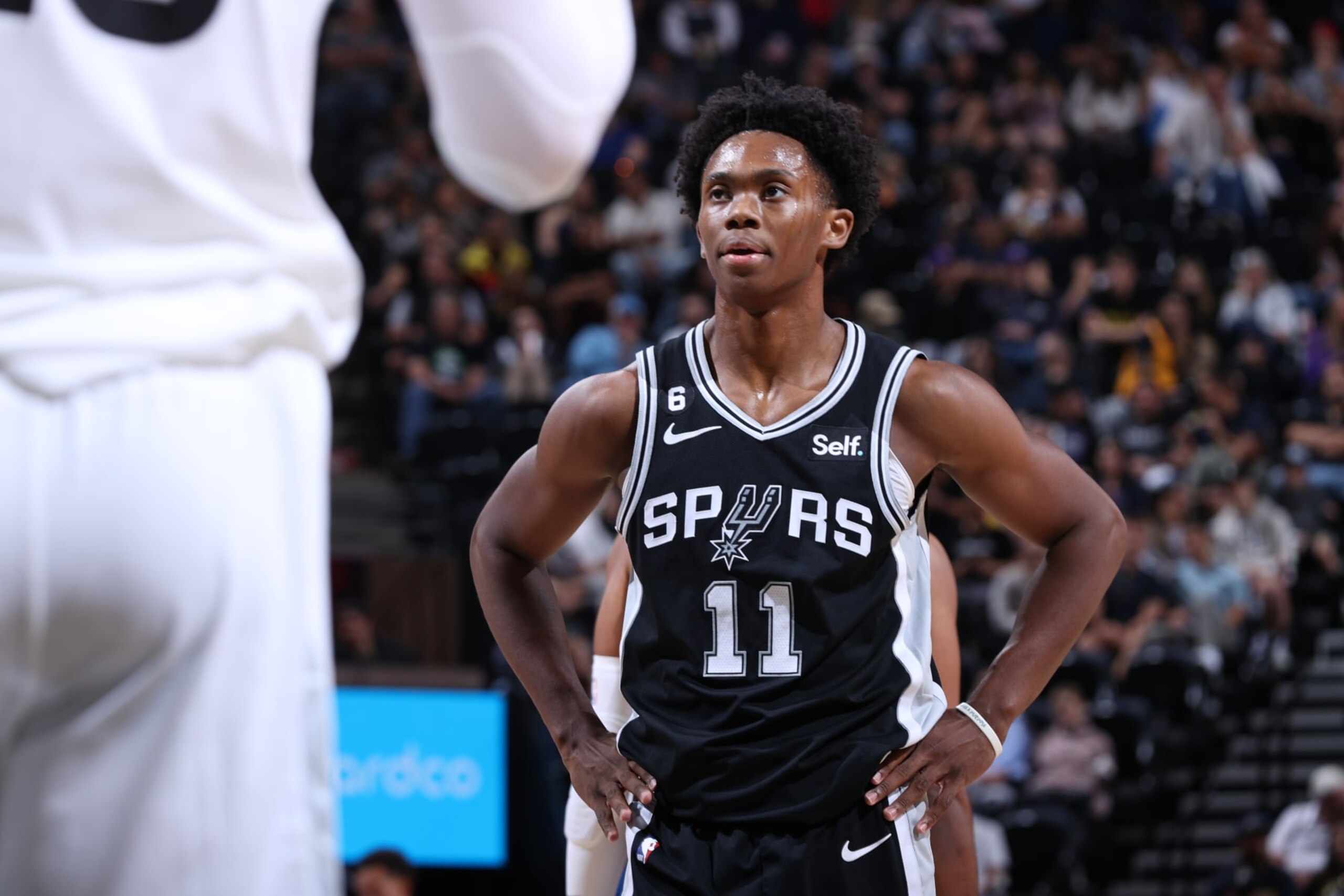 SALT LAKE CITY, UT - OCTOBER 11: Joshua Primo #11 of the San Antonio Spurs looks on during the game against the Utah Jazz on October 11, 2022 at vivint.SmartHome Arena in Salt Lake City, Utah. NOTE TO USER: User expressly acknowledges and agrees that, by downloading and or using this Photograph, User is consenting to the terms and conditions of the Getty Images License Agreement. Mandatory Copyright Notice: Copyright 2022 NBAE (Photo by Melissa Majchrzak/NBAE via Getty Images) SALT LAKE CITY, UT - OCTOBER 11: Joshua Primo #11 of the San Antonio Spurs looks on during the game against the Utah Jazz on October 11, 2022 at vivint.SmartHome Arena in Salt Lake City, Utah. NOTE TO USER: User expressly acknowledges and agrees that, by downloading and or using this Photograph, User is consenting to the terms and conditions of the Getty Images License Agreement. Mandatory Copyright Notice: Copyright 2022 NBAE (Photo by Melissa Majchrzak/NBAE via Getty Images)