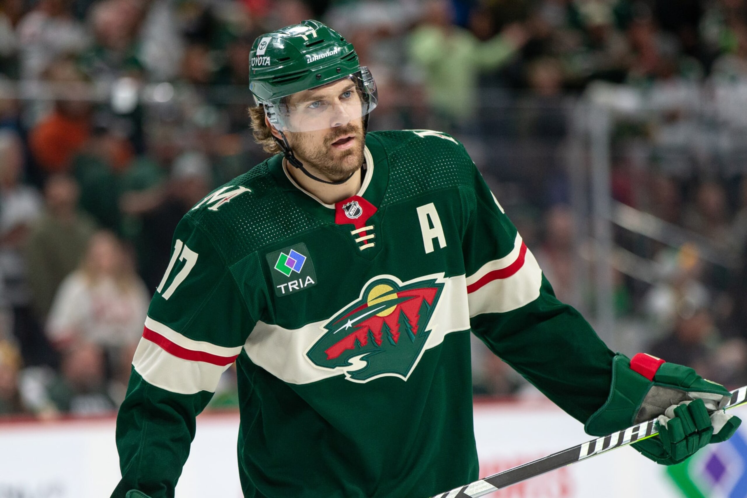 SAINT PAUL, MN - APRIL 21: Minnesota Wild left wing Marcus Foligno (17) looks on during the NHL game between the Minnesota Wild and the Dallas Stars, on April 21st, 2023, at the Xcel Energy Center in Saint Paul, MN. (Photo by Bailey Hillesheim/Icon Sportswire via Getty Images)