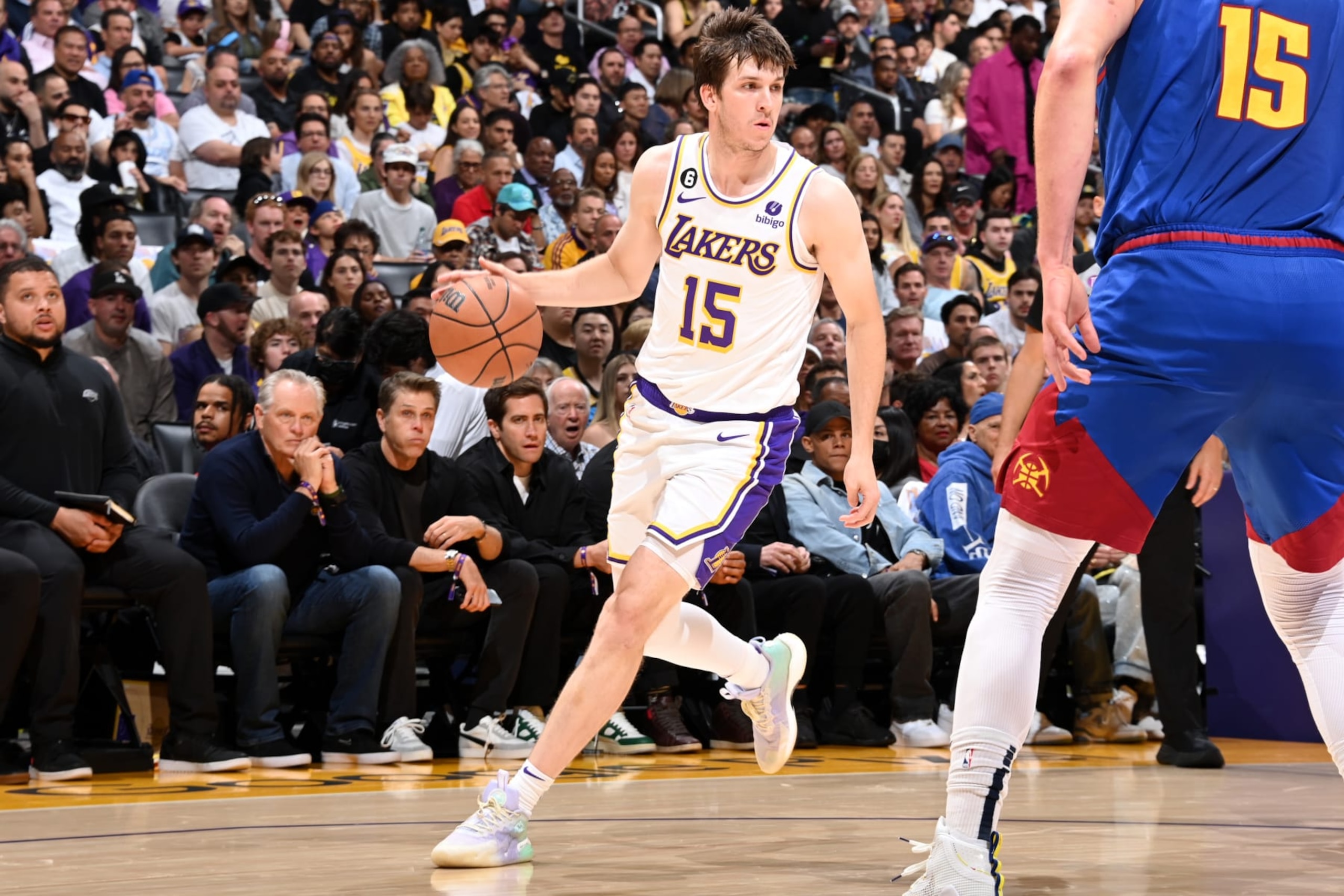 LOS ANGELES, CA - MAY 20: Austin Reaves #15 of the Los Angeles Lakers dribbles the ball during Game 3 of the 2023 NBA Playoffs Western Conference Finals on May 20, 2023 at Crypto.Com Arena in Los Angeles, California. NOTE TO USER: User expressly acknowledges and agrees that, by downloading and/or using this Photograph, user is consenting to the terms and conditions of the Getty Images License Agreement. Mandatory Copyright Notice: Copyright 2023 NBAE (Photo by Andrew D. Bernstein/NBAE via Getty Images)