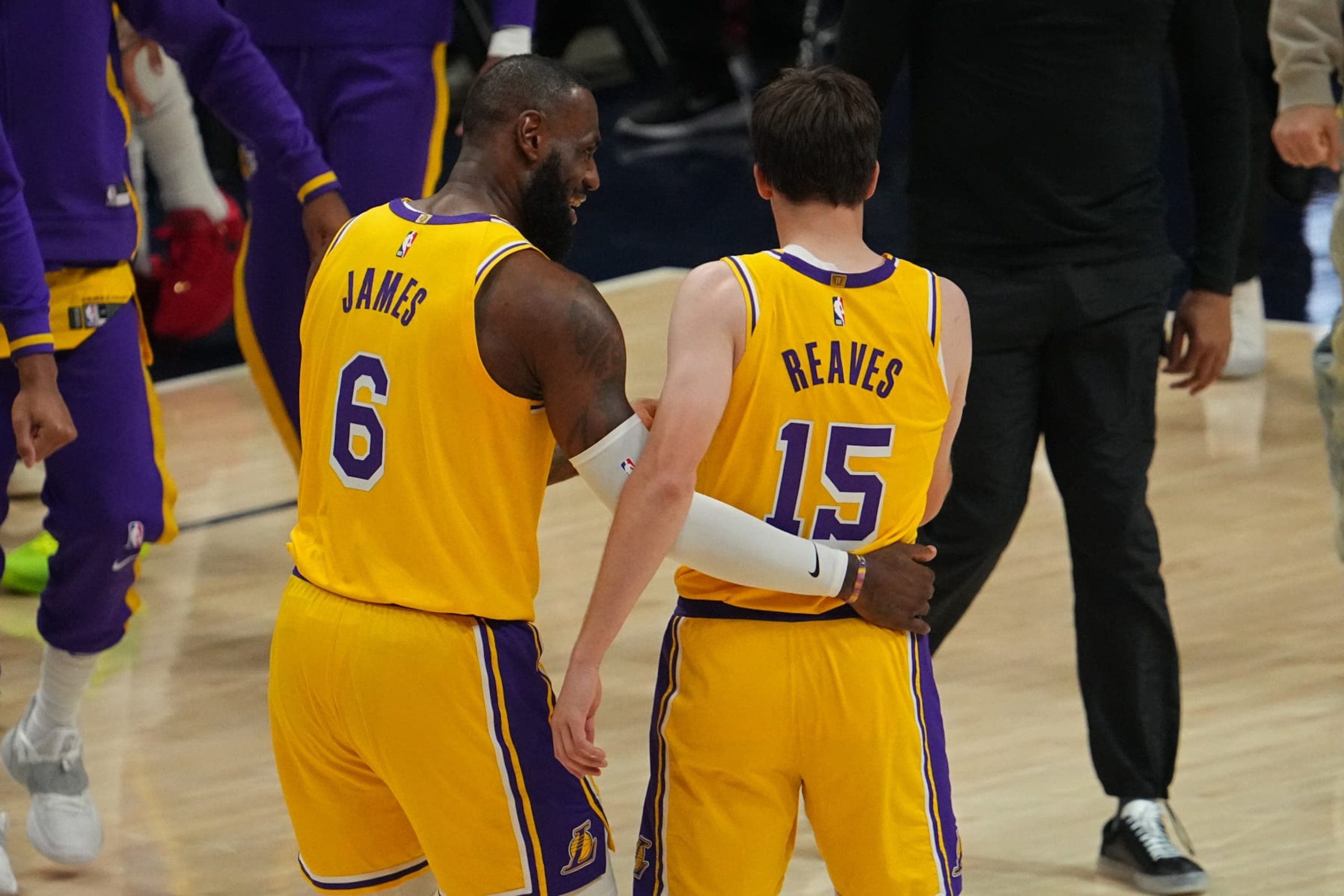 DENVER, CO - MAY 18:  LeBron James #6 talks to Austin Reaves #15 of the Los Angeles Lakers during Game 2 of the 2023 NBA Playoffs Western Conference Finals against the Denver Nuggets on May 18, 2023 at the Ball Arena in Denver, Colorado. NOTE TO USER: User expressly acknowledges and agrees that, by downloading and/or using this Photograph, user is consenting to the terms and conditions of the Getty Images License Agreement. Mandatory Copyright Notice: Copyright 2023 NBAE (Photo by Bart Young/NBAE via Getty Images)