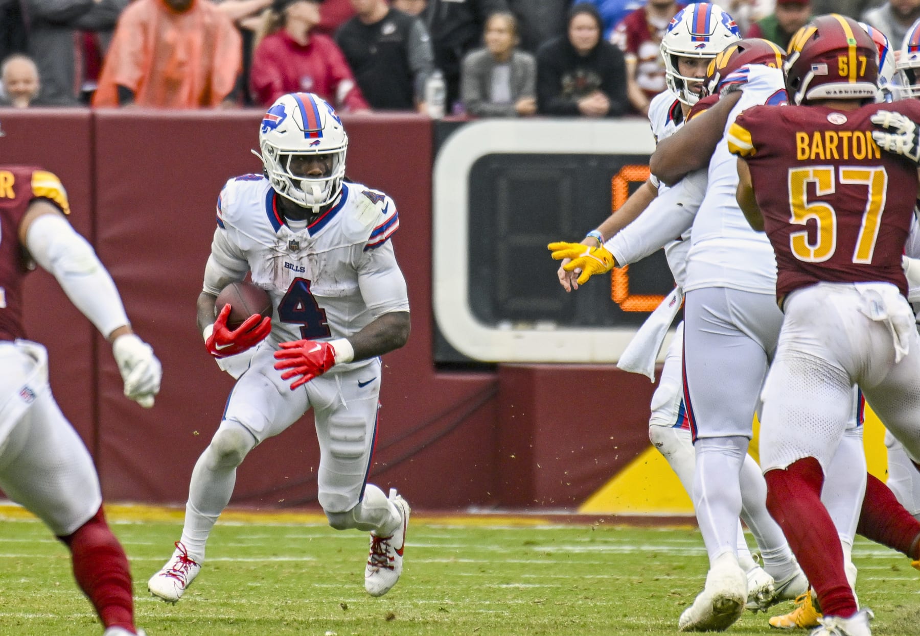 LANDOVER, MD - SEPTEMBER 24: Buffalo Bills running back James Cook (4) in action during the NFL game between the Buffalo Bills and the Washington Commanders on September 24, 2023 at Fed Ex Field in Landover, MD.  (Photo by Mark Goldman/Icon Sportswire via Getty Images)