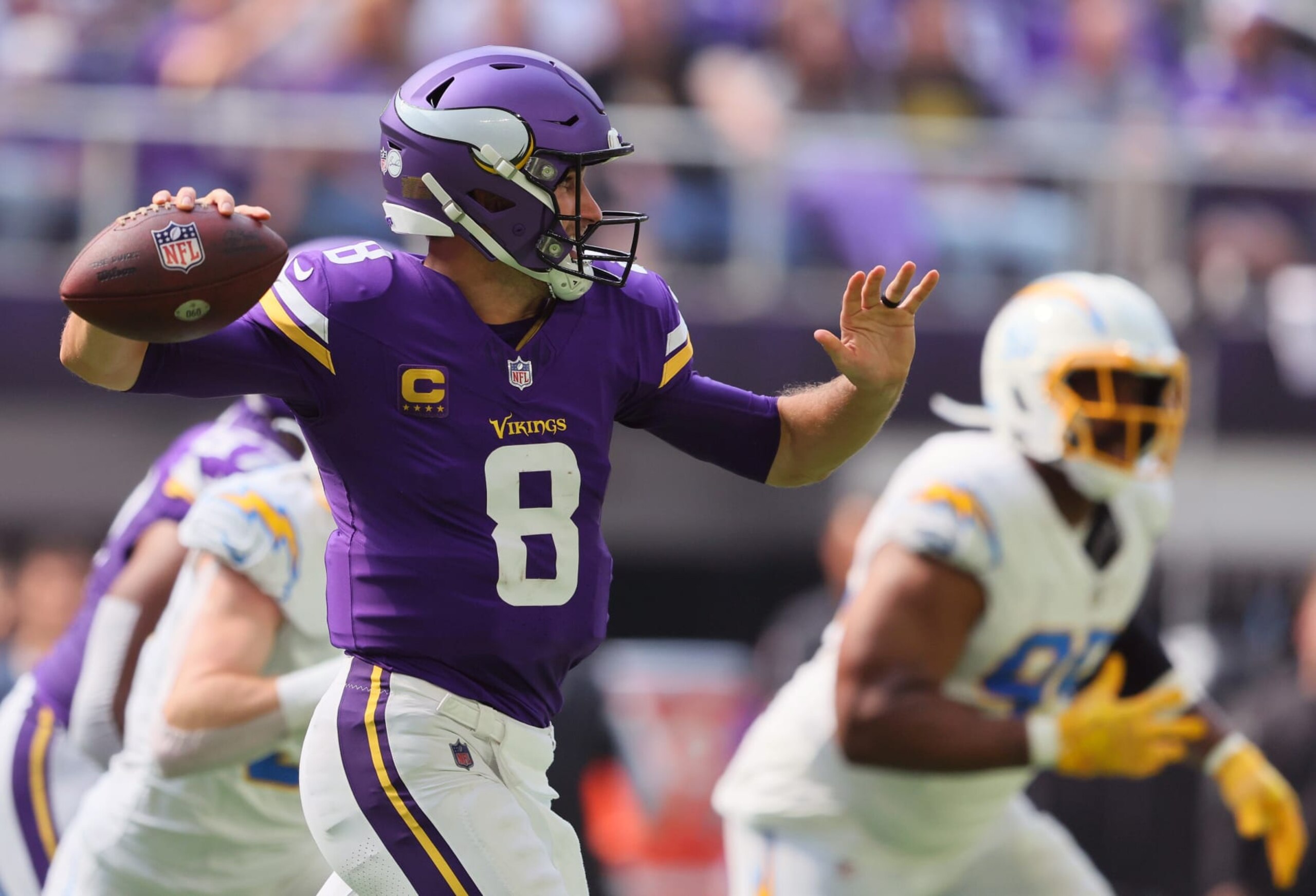 MINNEAPOLIS, MINNESOTA - SEPTEMBER 24: Kirk Cousins #8 of the Minnesota Vikings throws the ball during a game against the Los Angeles Chargers at U.S. Bank Stadium on September 24, 2023 in Minneapolis, Minnesota.The Los Angeles Chargers defeated the Minnesota Vikings 28-24. (Photo by Adam Bettcher/Getty Images) MINNEAPOLIS, MINNESOTA - SEPTEMBER 24: Kirk Cousins #8 of the Minnesota Vikings throws the ball during a game against the Los Angeles Chargers at U.S. Bank Stadium on September 24, 2023 in Minneapolis, Minnesota.The Los Angeles Chargers defeated the Minnesota Vikings 28-24. (Photo by Adam Bettcher/Getty Images)