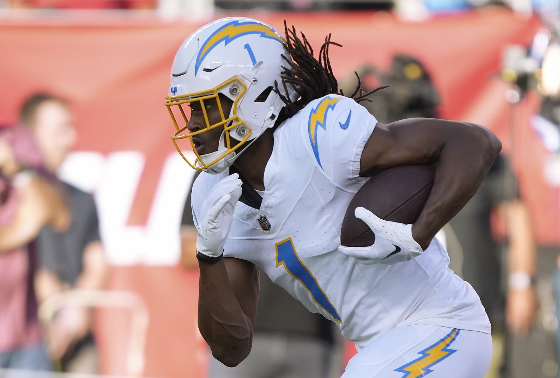 SANTA CLARA, CALIFORNIA - AUGUST 25: Quentin Johnston #1 of the Los Angeles Chargers warms up during pregame warm ups prior to playing the San Francisco 49ers in a preseason game at Levi's Stadium on August 25, 2023 in Santa Clara, California. (Photo by Thearon W. Henderson/Getty Images)
