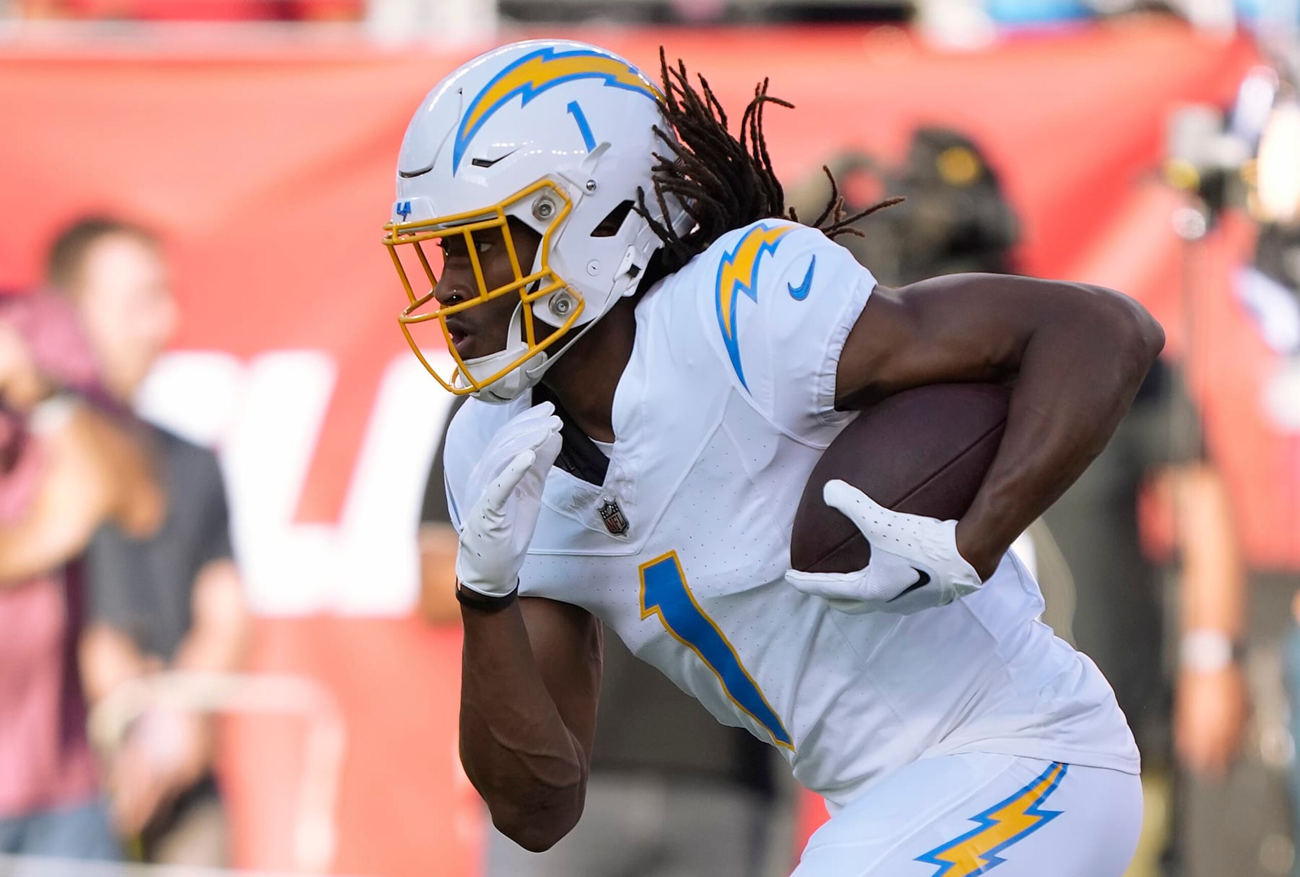 SANTA CLARA, CALIFORNIA - AUGUST 25: Quentin Johnston #1 of the Los Angeles Chargers warms up during pregame warm ups prior to playing the San Francisco 49ers in a preseason game at Levi's Stadium on August 25, 2023 in Santa Clara, California. (Photo by Thearon W. Henderson/Getty Images) SANTA CLARA, CALIFORNIA - AUGUST 25: Quentin Johnston #1 of the Los Angeles Chargers warms up during pregame warm ups prior to playing the San Francisco 49ers in a preseason game at Levi's Stadium on August 25, 2023 in Santa Clara, California. (Photo by Thearon W. Henderson/Getty Images)
