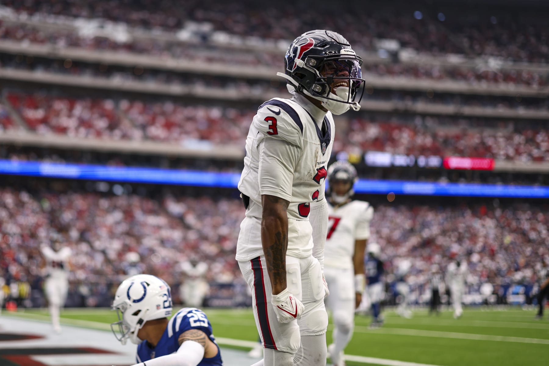 HOUSTON, TX - SEPTEMBER 17: Tank Dell #3 of the Houston Texans celebrates during a football game against the Indianapolis Colts at NRG Stadium on September 17, 2023 in Houston, Texas. (Photo by Perry Knotts/Getty Images)