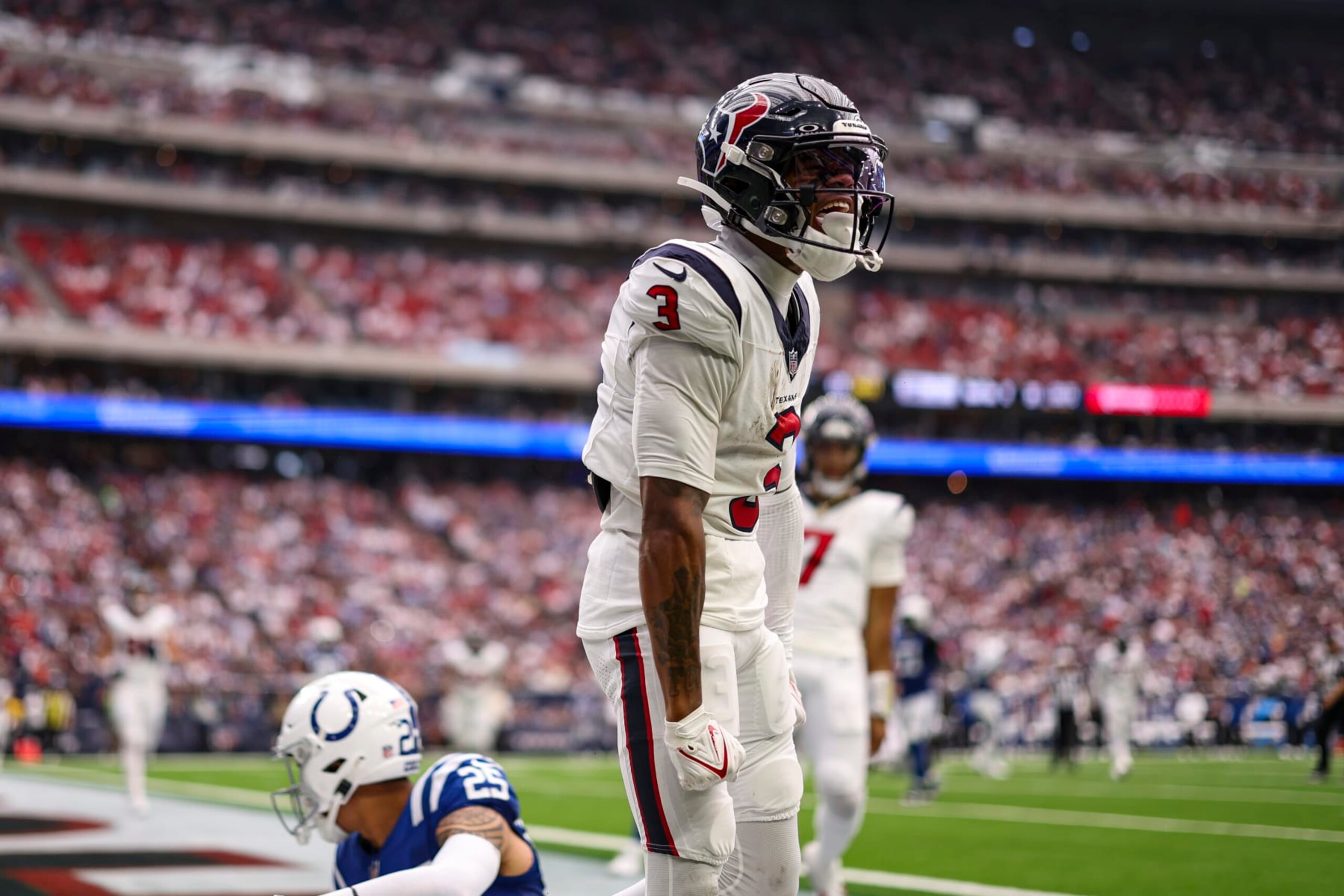 HOUSTON, TX - SEPTEMBER 17: Tank Dell #3 of the Houston Texans celebrates during a football game against the Indianapolis Colts at NRG Stadium on September 17, 2023 in Houston, Texas. (Photo by Perry Knotts/Getty Images)