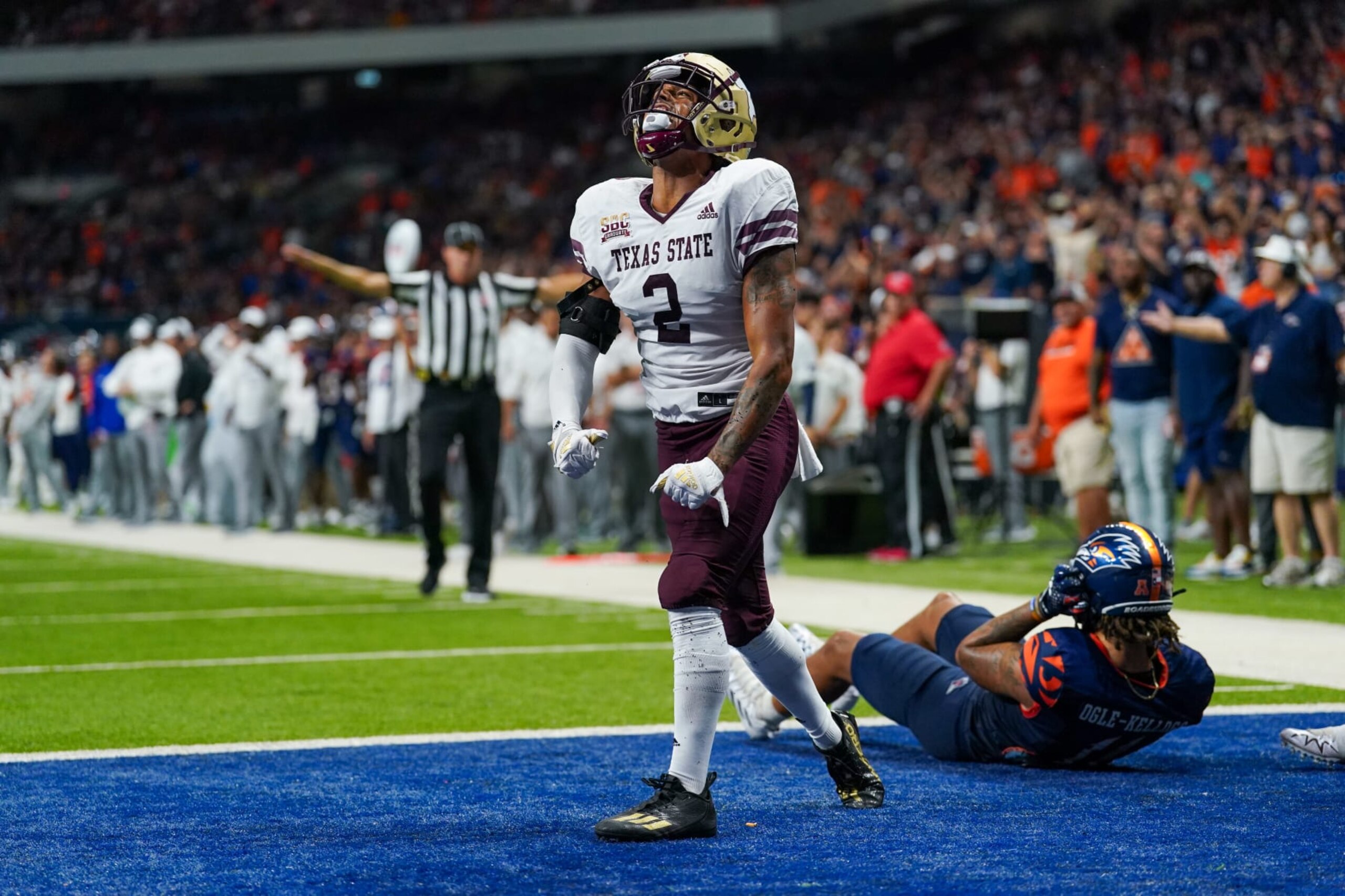 SAN ANTONIO, TX - SEPTEMBER 09: Texas State Bobcats cornerback Kaleb Ford-Dement (2) celebrates after breaking up a pass intended for UTSA Roadrunners wide receiver Tykee Ogle-Kellogg (11) during the college football game between the Texas State Bobcats and the UTSA Roadrunners on September 9, 2023, at the Alamodome in San Antonio, Texas.  (Photo by Daniel Dunn/Icon Sportswire via Getty Images)