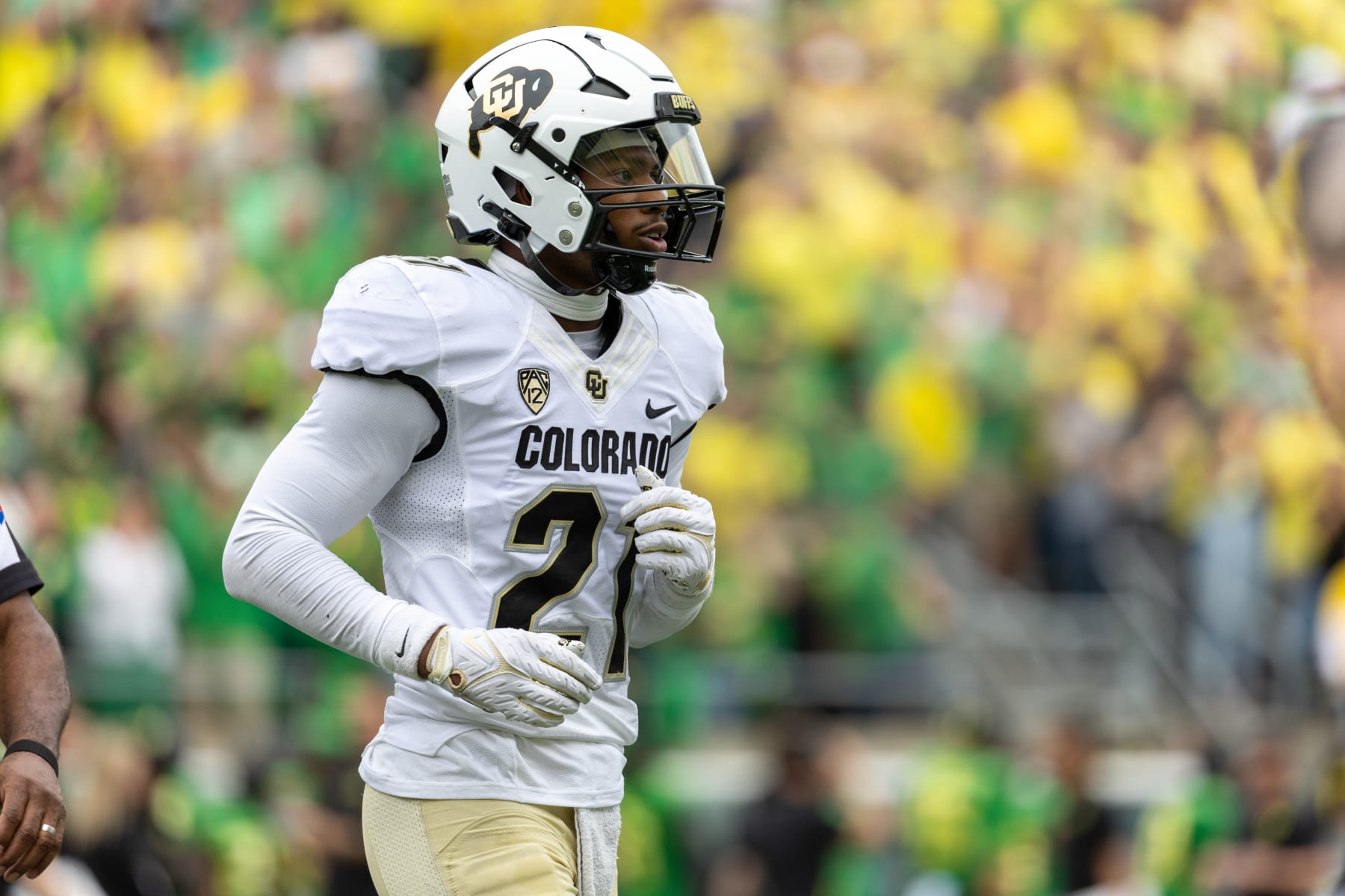 EUGENE, OREGON - SEPTEMBER 23: Safety Shilo Sanders #21 of the Colorado Buffaloes walks off the field before their game against the Oregon Ducks  at Autzen Stadium on September 23, 2023 in Eugene, Oregon. (Photo by Tom Hauck/Getty Images)