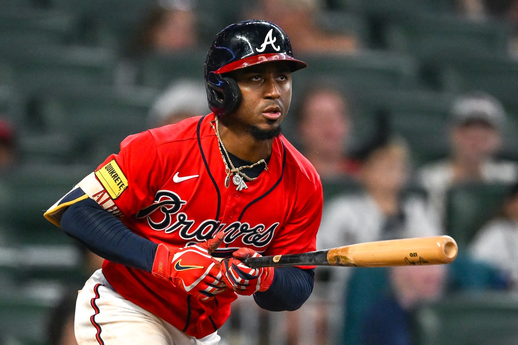 ATLANTA, GA  SEPTEMBER 29:  Atlanta second baseman Ozzie Albies (1) follows his base hit during the MLB game between the Washington Nationals and the Atlanta Braves on September 29th, 2023 at Truist Park in Atlanta, GA. (Photo by Rich von Biberstein/Icon Sportswire via Getty Images)