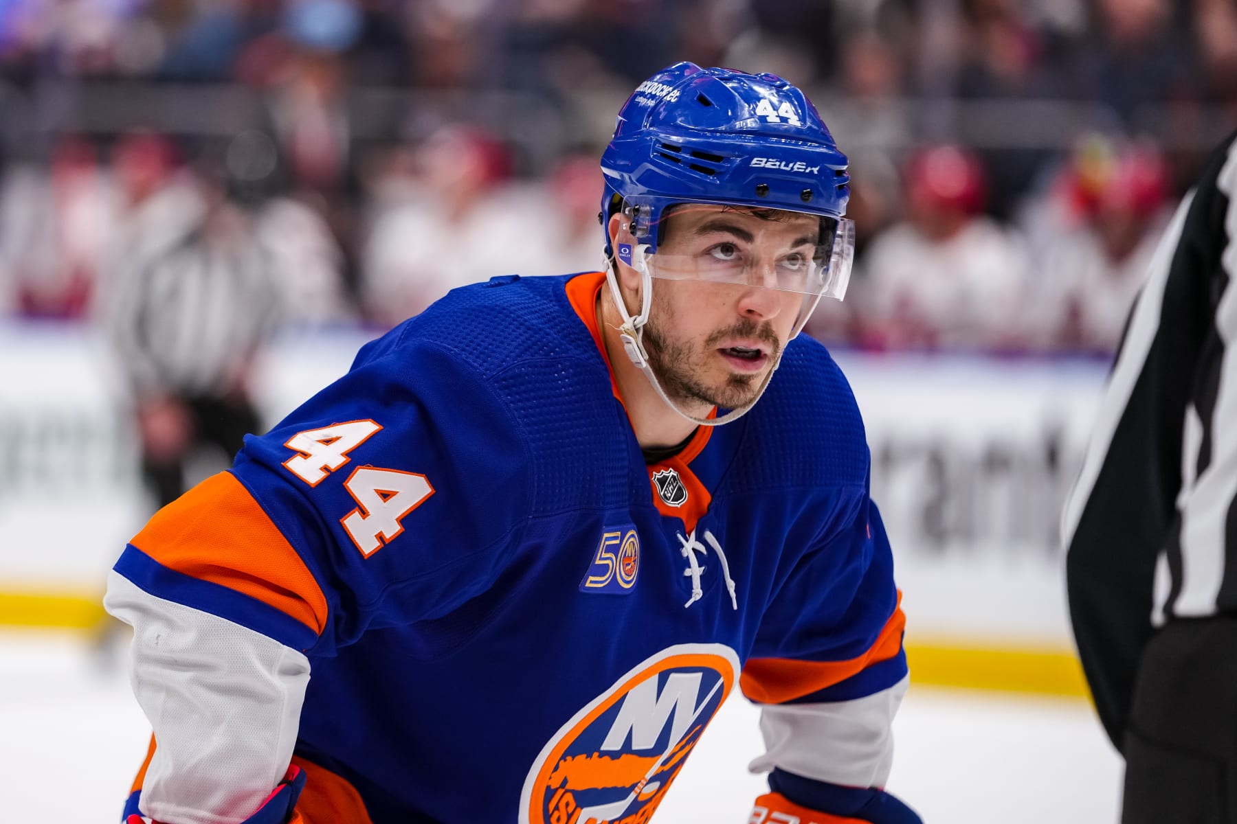 ELMONT, NEW YORK - APRIL 28:  Jean-Gabriel Pageau #44  of the New York Islanders looks on in Game Six of the First Round of the 2023 Stanley Cup Playoffs vs the Carolina Hurricanes at UBS Arena on April 28, 2023 in Elmont, United States. (Photo by Dennis DaSilva /NHLI via Getty Images)