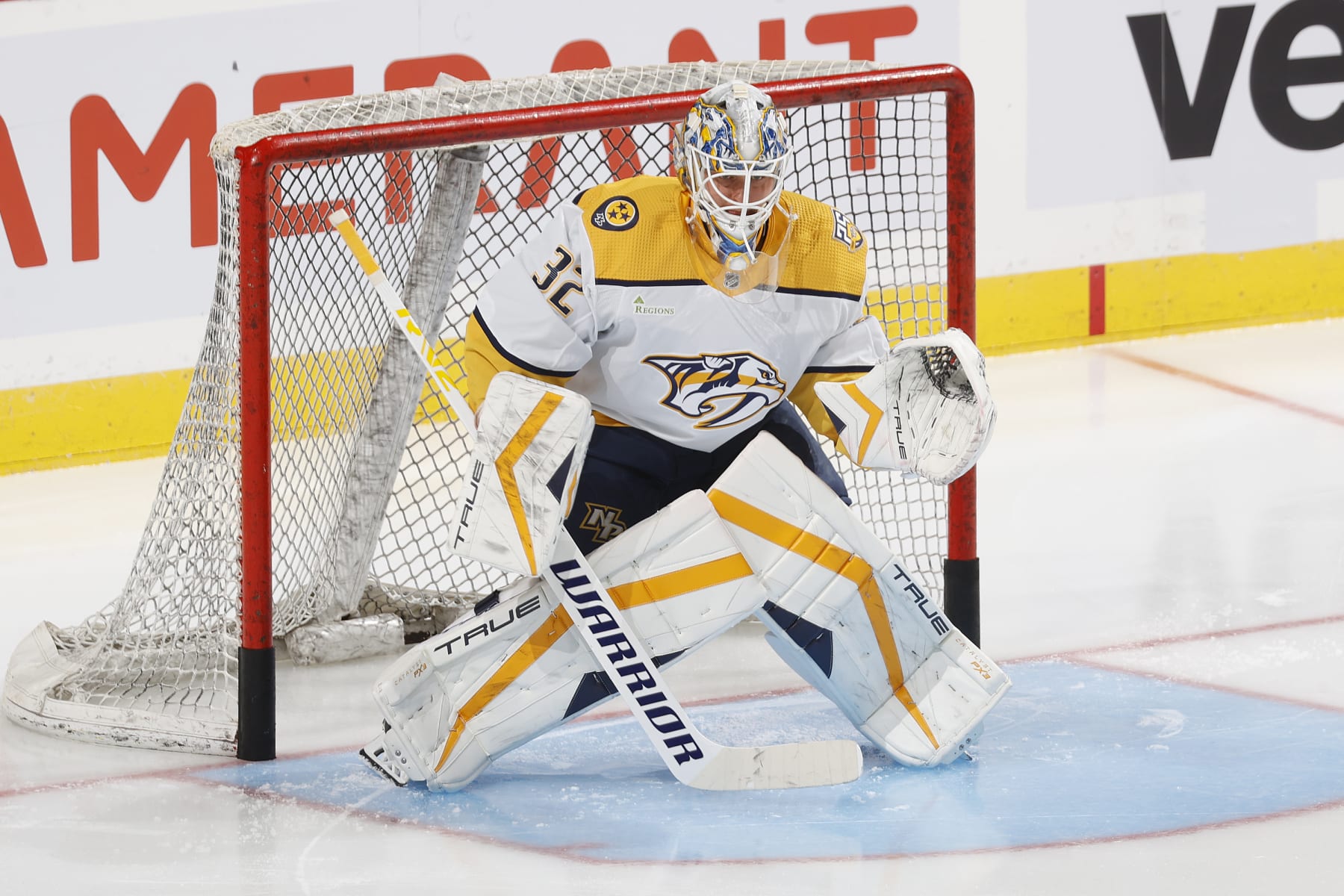 SUNRISE, FL - SEPTEMBER 25: Goaltender Yaroslav Askarov #32 Nashville Predators warms up prior to a preseason game against the Florida Panthers at the Amerant Bank Arena on September 25, 2023 in Sunrise, Florida. (Photo by Joel Auerbach/Getty Images)