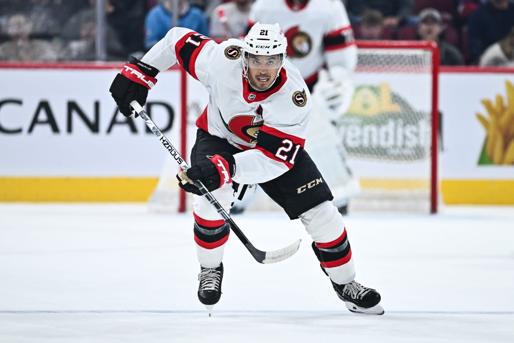 MONTREAL, CANADA - SEPTEMBER 27:  Mathieu Joseph #21 of the Ottawa Senators skates during the first period against the Montreal Canadiens at the Bell Centre on September 27, 2023 in Montreal, Quebec, Canada.  The Montreal Canadiens defeated the Ottawa Senators 4-3.  (Photo by Minas Panagiotakis/Getty Images)