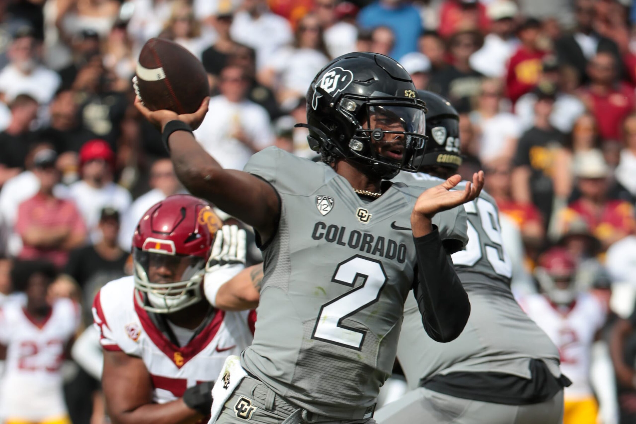BOULDER, CO - SEPTEMBER 30: Colorado Buffaloes quarterback Shedeur Sanders (2) throws a pass during the college football game between the USC Trojans and the Colorado Buffaloes on September 30, 2023, at Folsom Field in Boulder, CO. (Photo by Jevone Moore/Icon Sportswire via Getty Images)