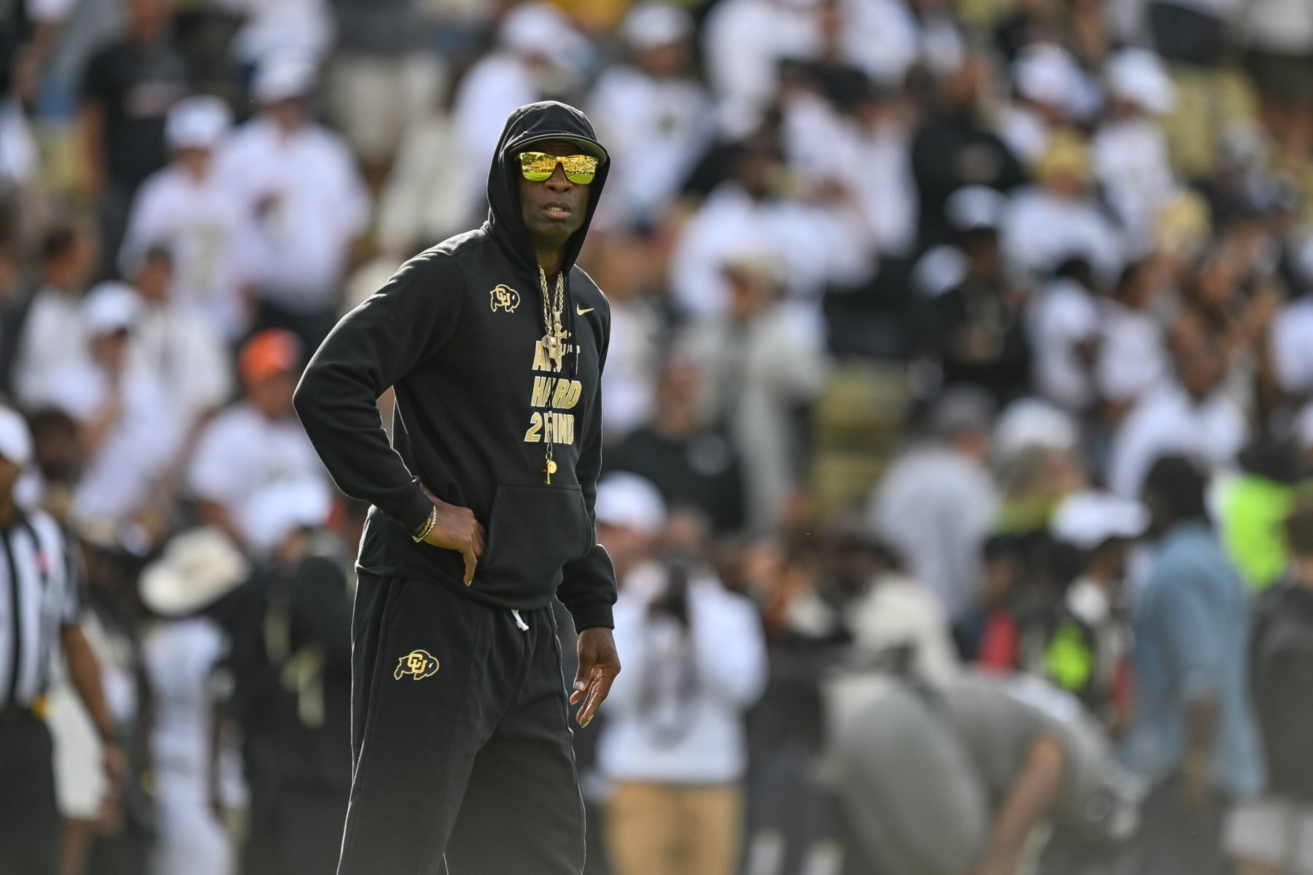 BOULDER, CO - SEPTEMBER 30: Head coach Deion Sanders of the Colorado Buffaloes walks on the field before a game against the USC Trojans at Folsom Field on September 30, 2023 in Boulder, Colorado. (Photo by Dustin Bradford/Getty Images)