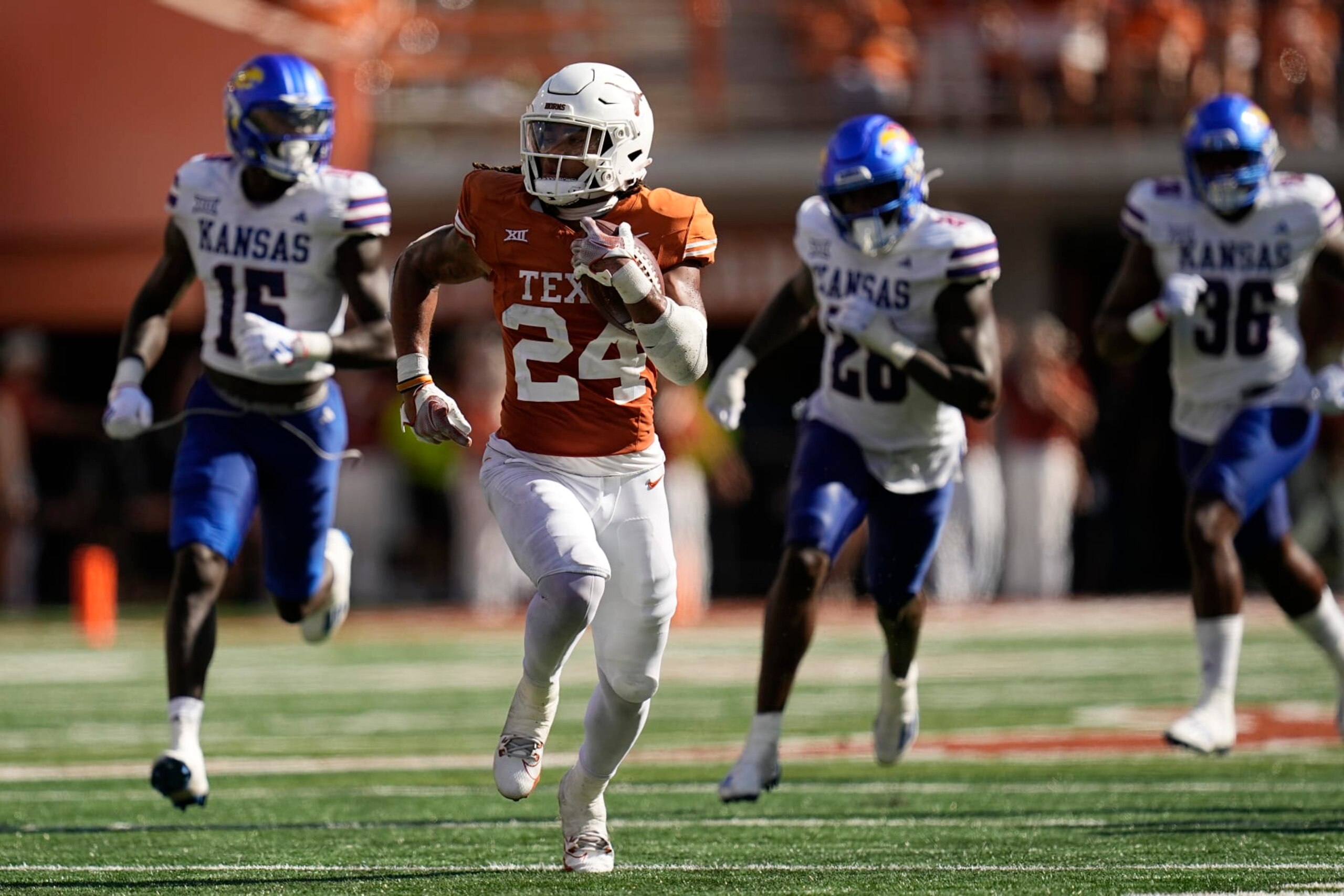 Texas running back Jonathon Brooks (24) breaks away for a touchdown run against Kansas during the second half of an NCAA college football game in Austin, Texas, Saturday, Sept. 30, 2023. (AP Photo/Eric Gay) Texas running back Jonathon Brooks (24) breaks away for a touchdown run against Kansas during the second half of an NCAA college football game in Austin, Texas, Saturday, Sept. 30, 2023. (AP Photo/Eric Gay)