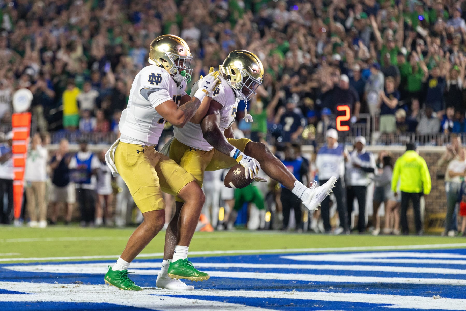 DURHAM, NC - SEPTEMBER 30: Notre Dame Fighting Irish running back Audric Estime (7) celebrates his touchdown with Notre Dame Fighting Irish wide receiver Rico Flores Jr. (17) during the college football between the Duke Blue Devils and the Notre Dame Fighting Irish on September 30, 2023, on Brooks Field at Wallace Wade Stadium in Durham, NC. (Photo by Nicholas Faulkner/Icon Sportswire via Getty Images)