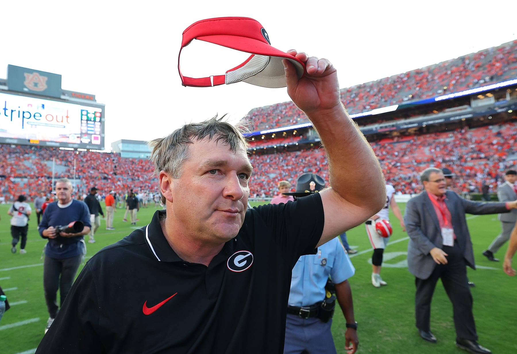 AUBURN, ALABAMA - SEPTEMBER 30:  Head coach Kirby Smart of the Georgia Bulldogs reacts after their 27-20 win over the Auburn Tigers at Jordan-Hare Stadium on September 30, 2023 in Auburn, Alabama. (Photo by Kevin C. Cox/Getty Images)