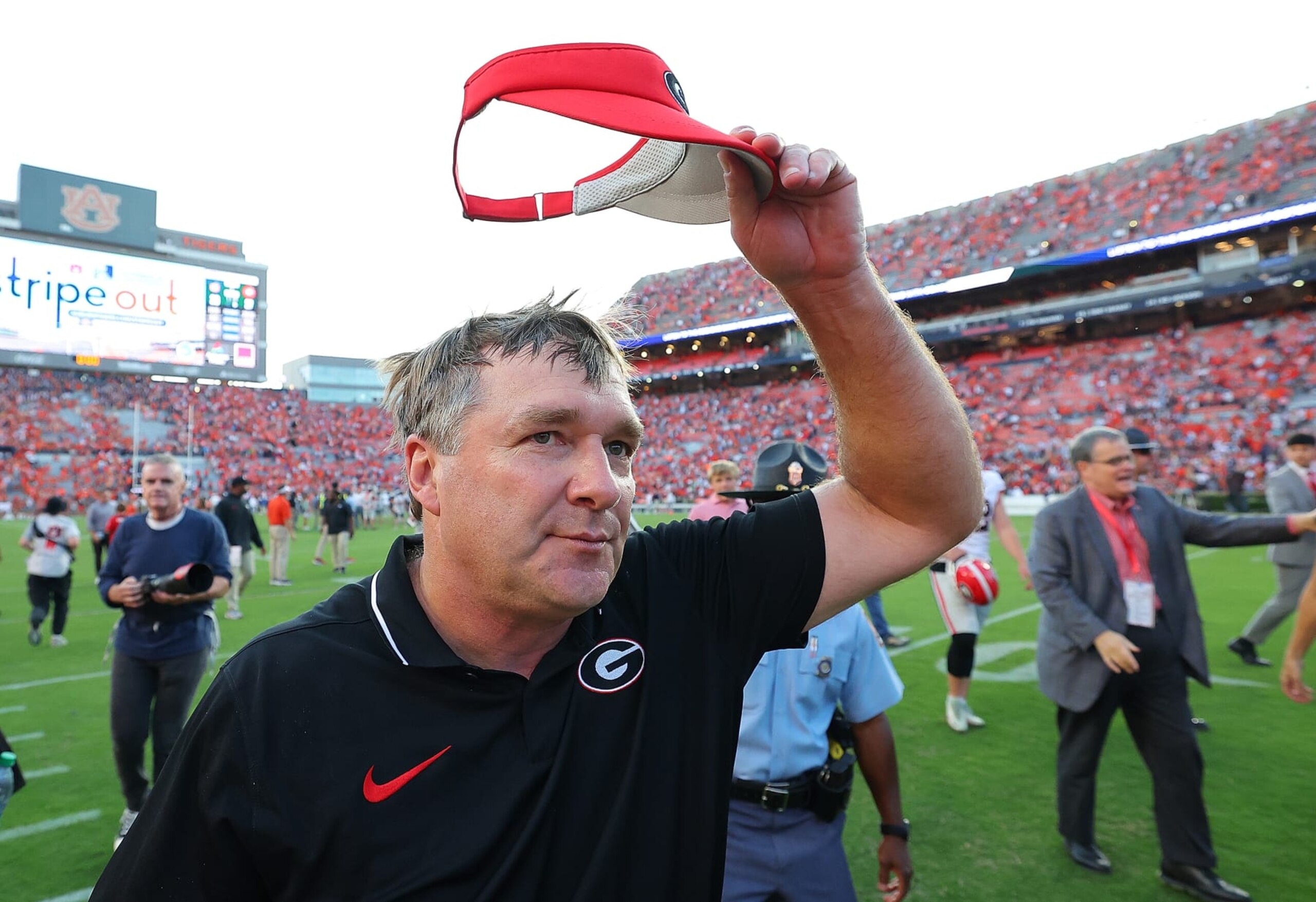 AUBURN, ALABAMA - SEPTEMBER 30:  Head coach Kirby Smart of the Georgia Bulldogs reacts after their 27-20 win over the Auburn Tigers at Jordan-Hare Stadium on September 30, 2023 in Auburn, Alabama. (Photo by Kevin C. Cox/Getty Images)