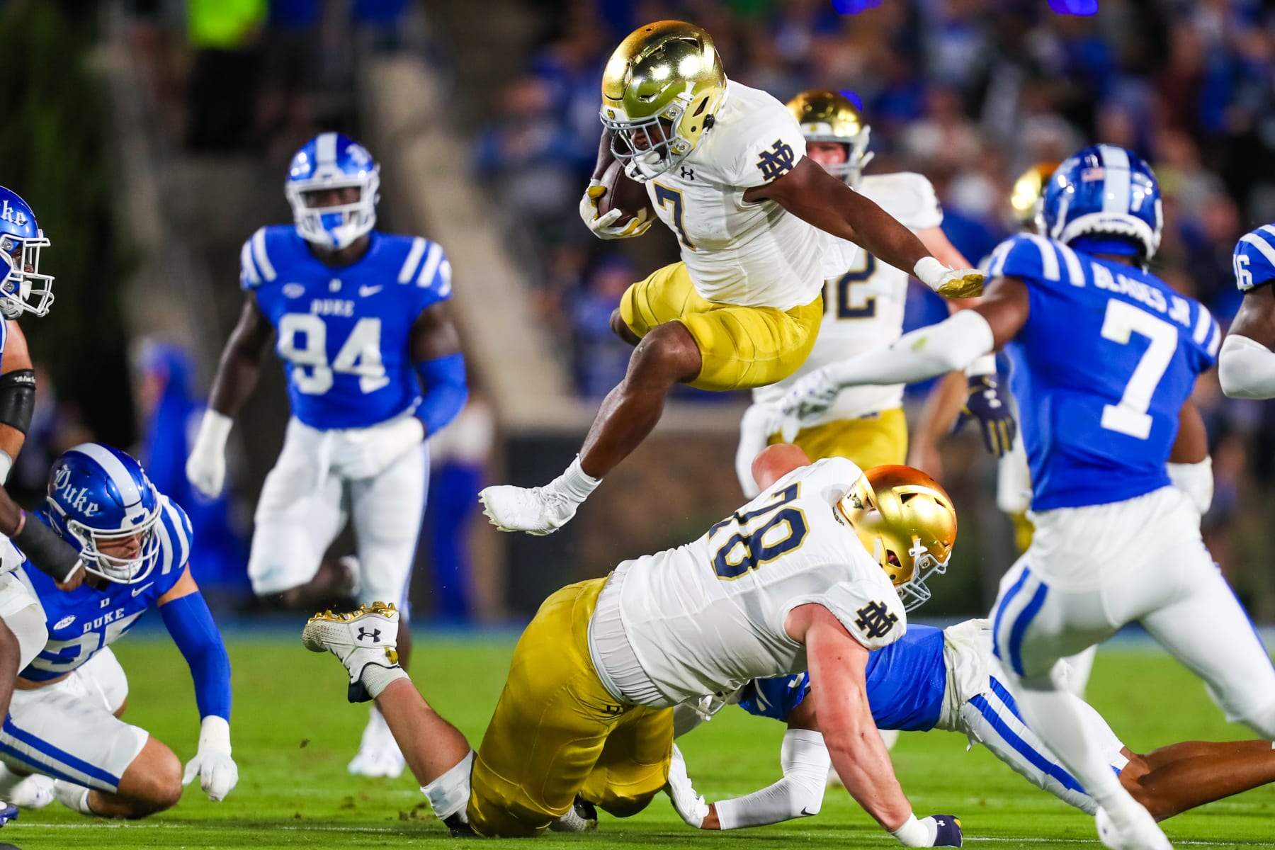 Audric Estime leaps into action.