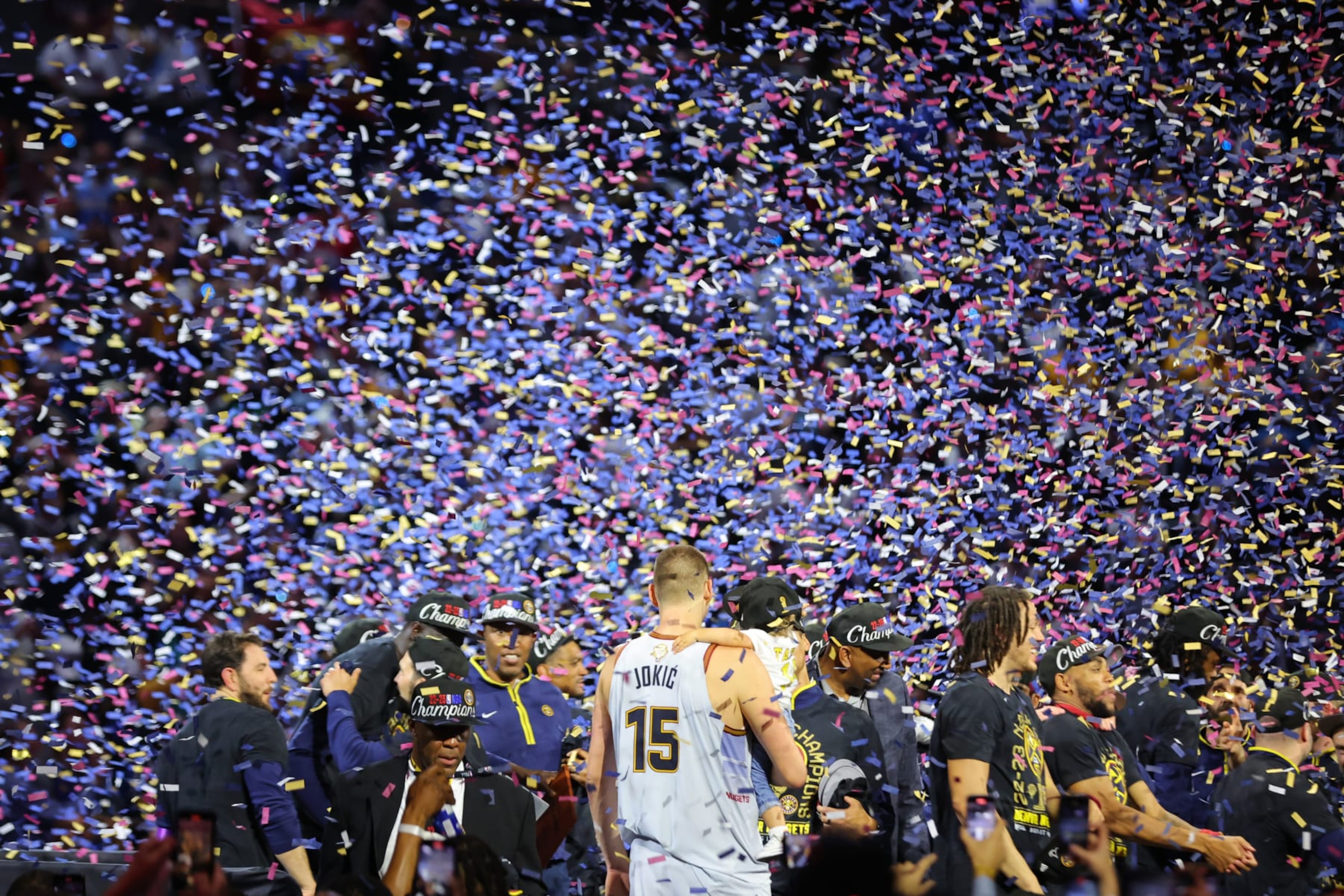 DENVER, CO - JUNE 12: Nikola Jokic #15 of the Denver Nuggets celebrates with daughter Ognjena after winning Game Five of the 2023 NBA Finals against the Miami Heat on June 12, 2023 at Ball Arena in Denver, Colorado. NOTE TO USER: User expressly acknowledges and agrees that, by downloading and or using this Photograph, user is consenting to the terms and conditions of the Getty Images License Agreement. Mandatory Copyright Notice: Copyright 2023 NBAE (Photo by C. Morgan Engel/NBAE via Getty Images) DENVER, CO - JUNE 12: Nikola Jokic #15 of the Denver Nuggets celebrates with daughter Ognjena after winning Game Five of the 2023 NBA Finals against the Miami Heat on June 12, 2023 at Ball Arena in Denver, Colorado. NOTE TO USER: User expressly acknowledges and agrees that, by downloading and or using this Photograph, user is consenting to the terms and conditions of the Getty Images License Agreement. Mandatory Copyright Notice: Copyright 2023 NBAE (Photo by C. Morgan Engel/NBAE via Getty Images)