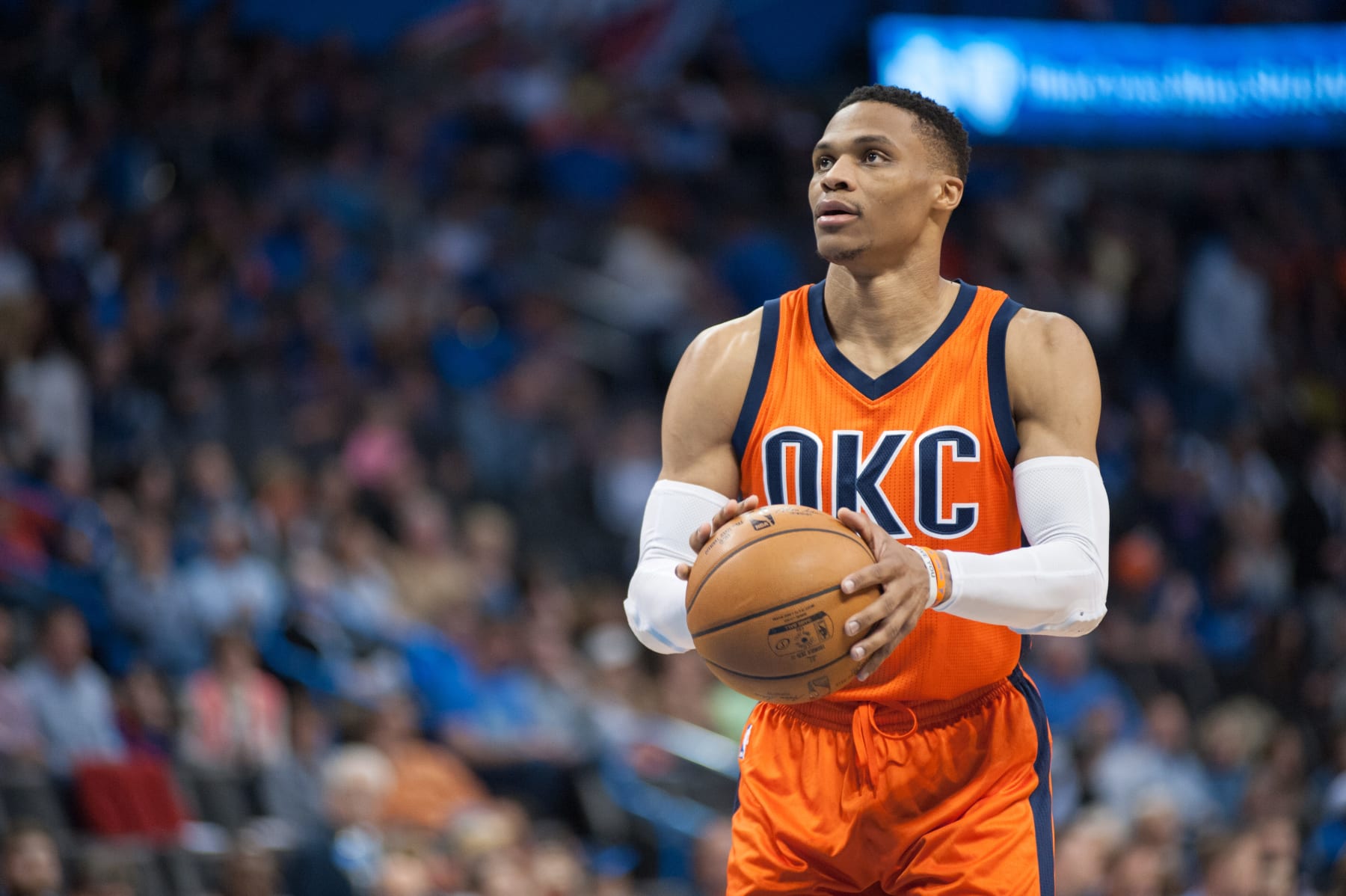 OKLAHOMA CITY, OK - FEBRUARY26:   Oklahoma City Thunder Guard Russell Westbrook (0) shooting a technical foul versus New Orleans Pelicans on February 26, 2017, at the Chesapeake Energy Arena Oklahoma City, OK. (Photo by Torrey Purvey/Icon Sportswire via Getty Images)
